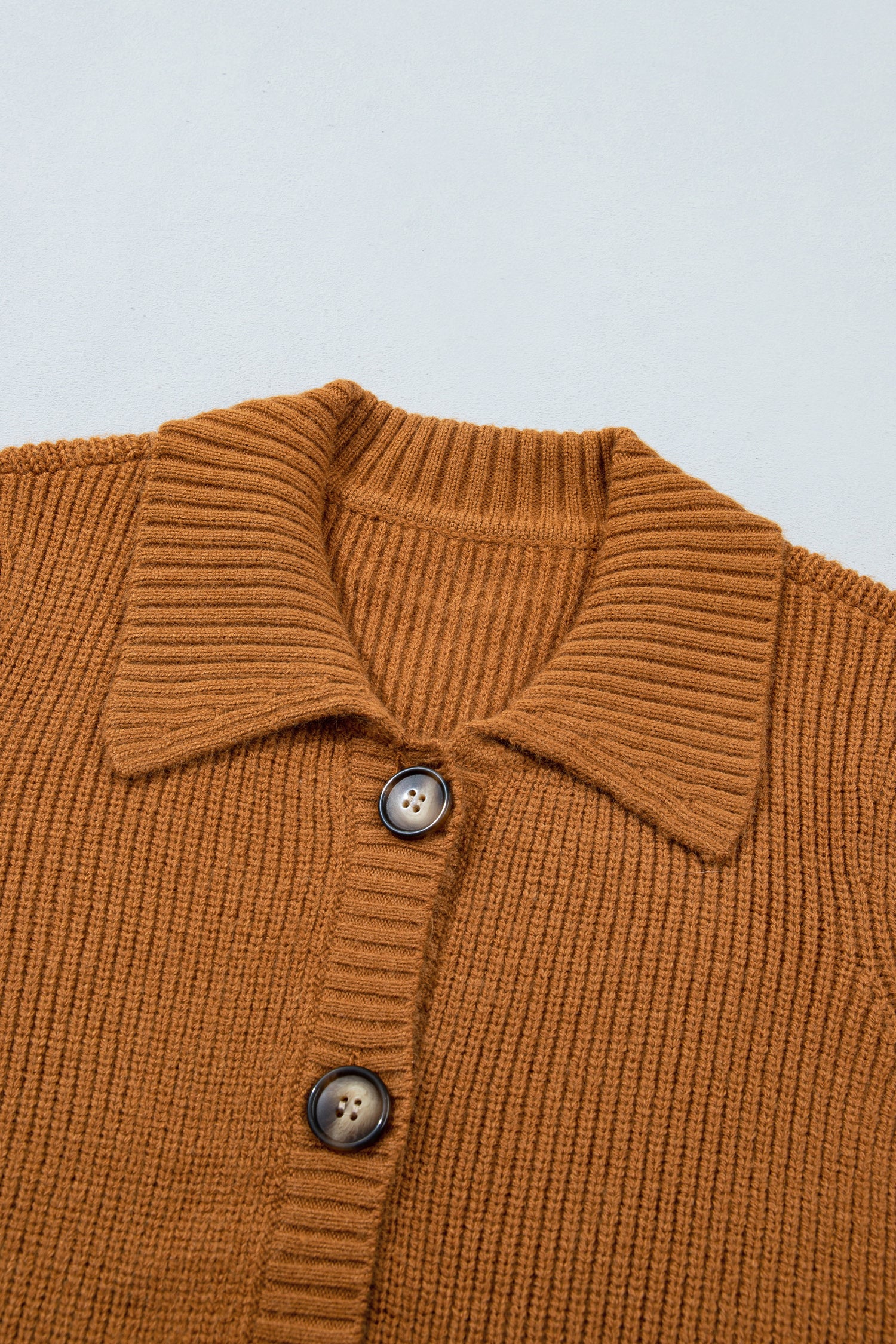 Mustard Ribbed Knit Collar Button Front Long Sleeve Cardigan-Sweaters & Cardigans/Cardigans-[Adult]-[Female]-2022 Online Blue Zone Planet