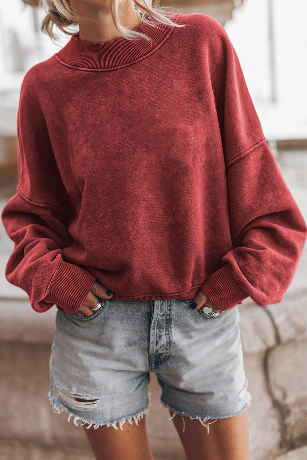 Orange Drop Shoulder Crew Neck Pullover Sweatshirt-Tops/Sweatshirts & Hoodies-[Adult]-[Female]-Red Dahlia-S-2022 Online Blue Zone Planet