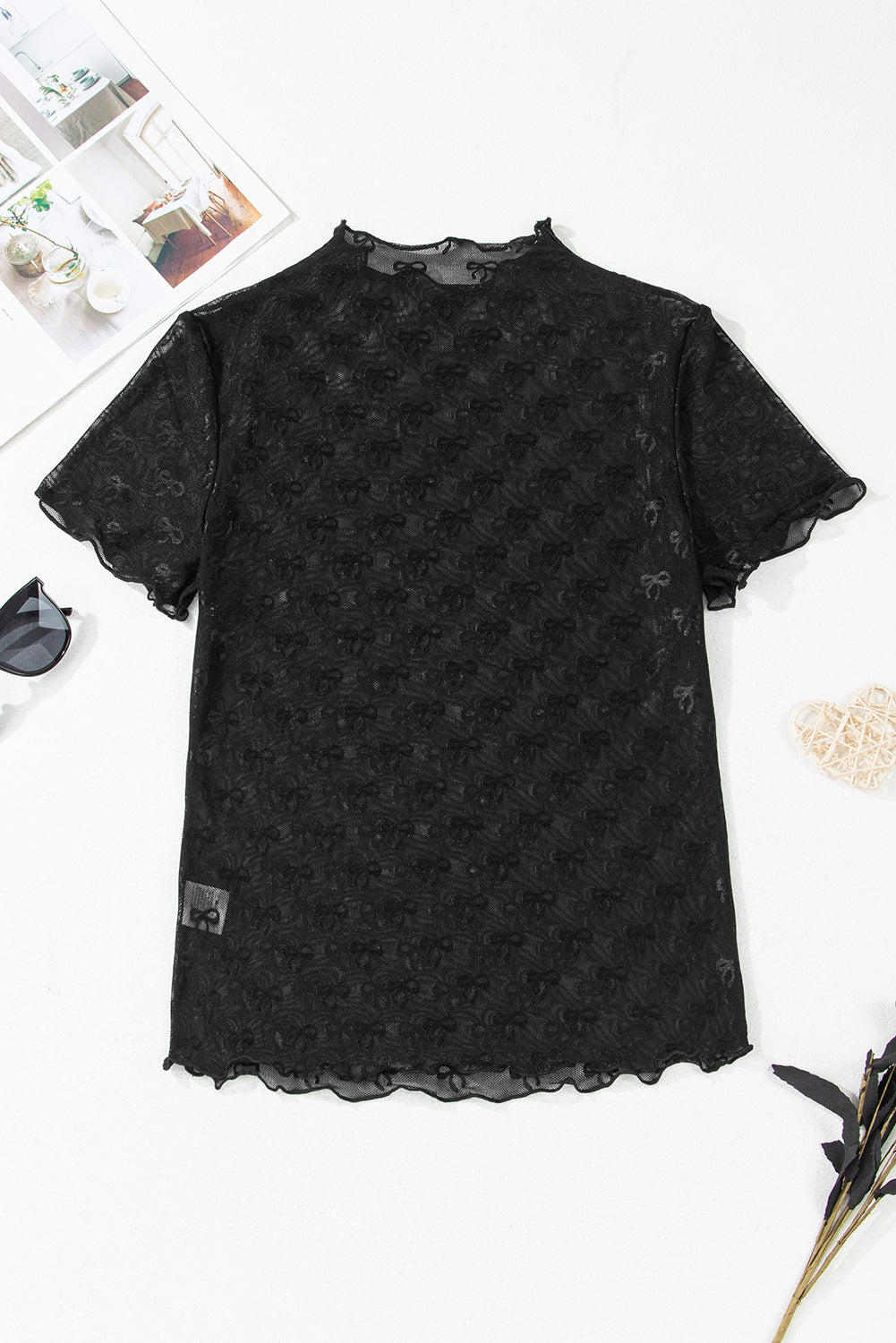 Black Bowknot Sheer Mesh Mock Neck Lettuce Trim Short Sleeve Top-Tops/Tops & Tees-[Adult]-[Female]-2022 Online Blue Zone Planet