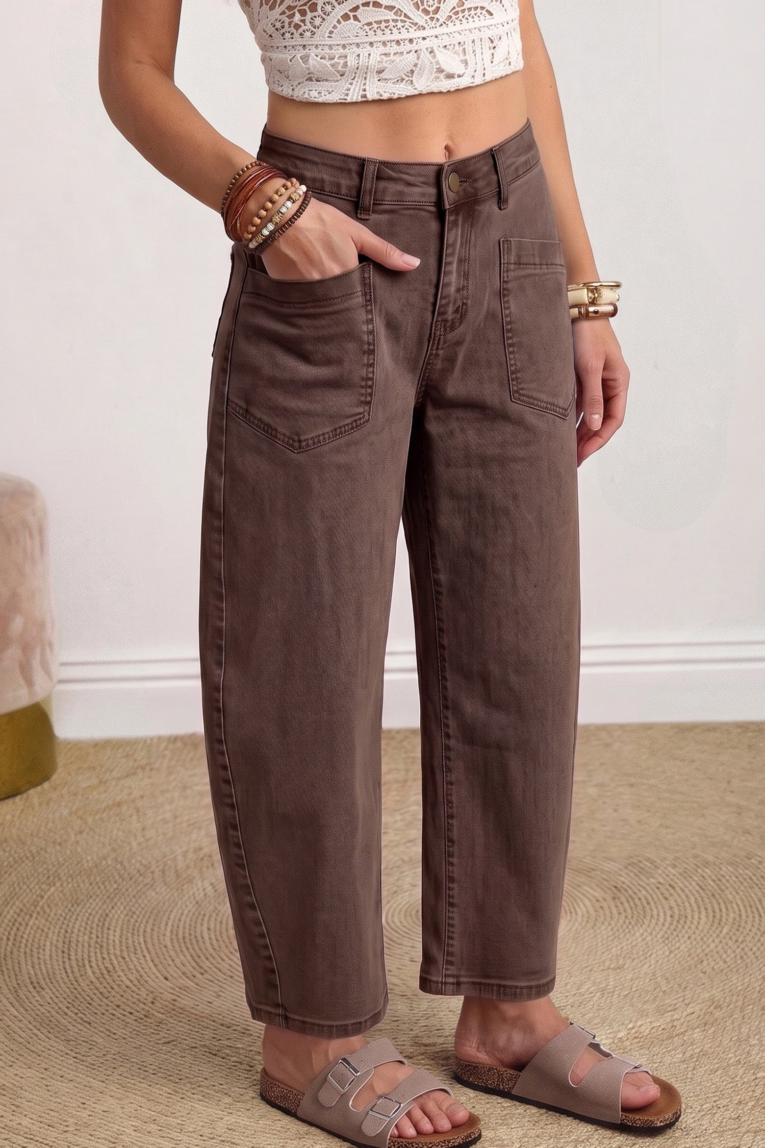 Coffee Solid Color Square Patch Pocket Ankle-length Barrel Jeans-Bottoms/Jeans-[Adult]-[Female]-2022 Online Blue Zone Planet