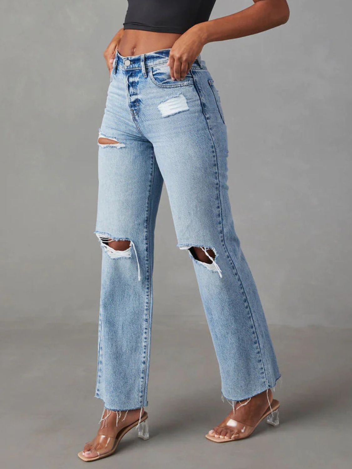 Distressed Straight Leg Jeans with Pockets-TOPS / DRESSES-[Adult]-[Female]-2022 Online Blue Zone Planet