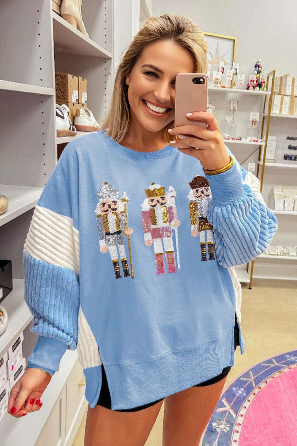 Beau Blue Sequin Nutcracker Textured Sleeve Patchwork Color Block Sweatshirt-Tops/Sweatshirts & Hoodies-[Adult]-[Female]-2022 Online Blue Zone Planet