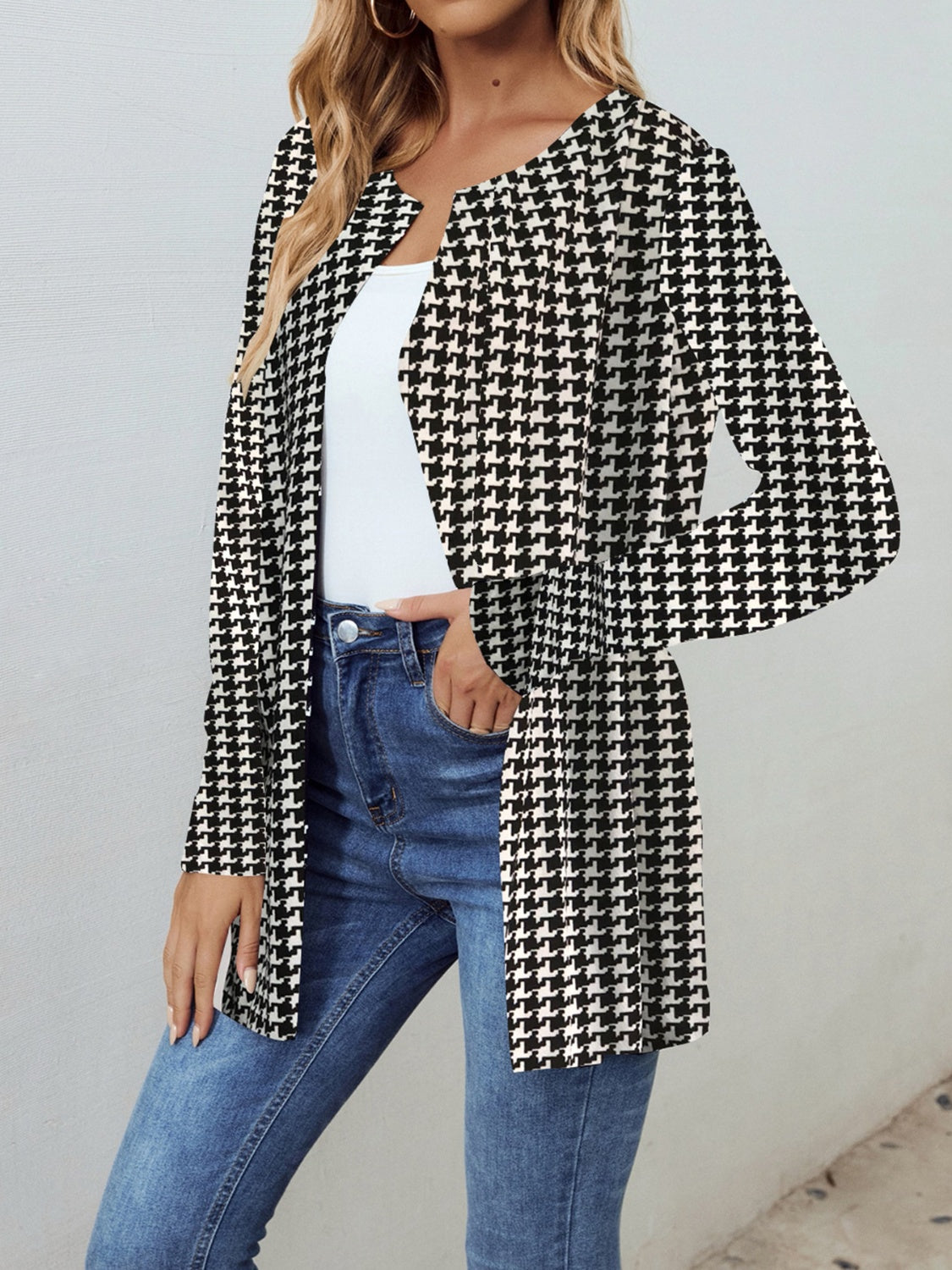 Houndstooth Open Front Long Sleeve Jacket-TOPS / DRESSES-[Adult]-[Female]-2022 Online Blue Zone Planet