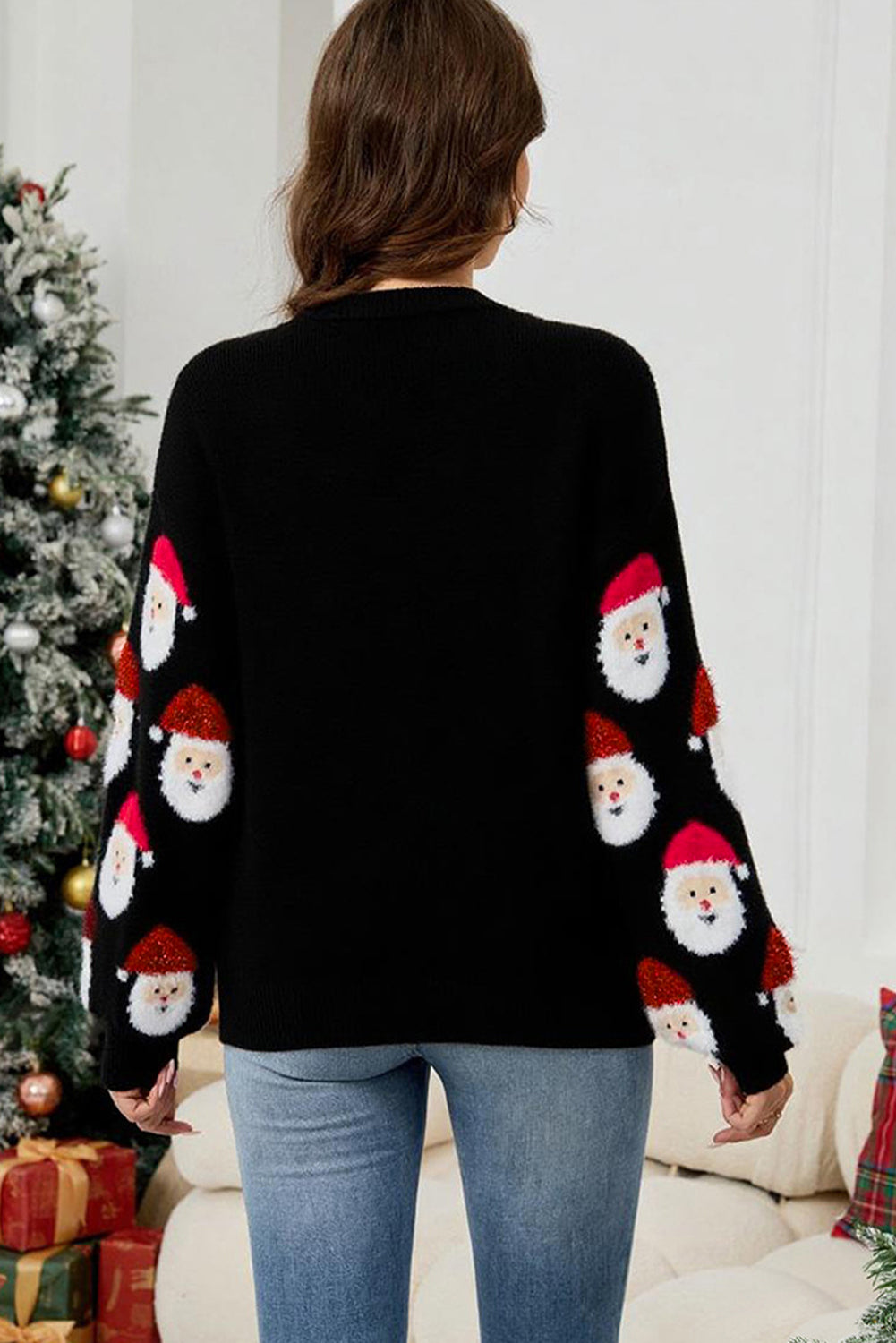 Pink Christmas Santa Claus Pattern Button V Neck Sweater Cardigan-Sweaters & Cardigans/Cardigans-[Adult]-[Female]-2022 Online Blue Zone Planet