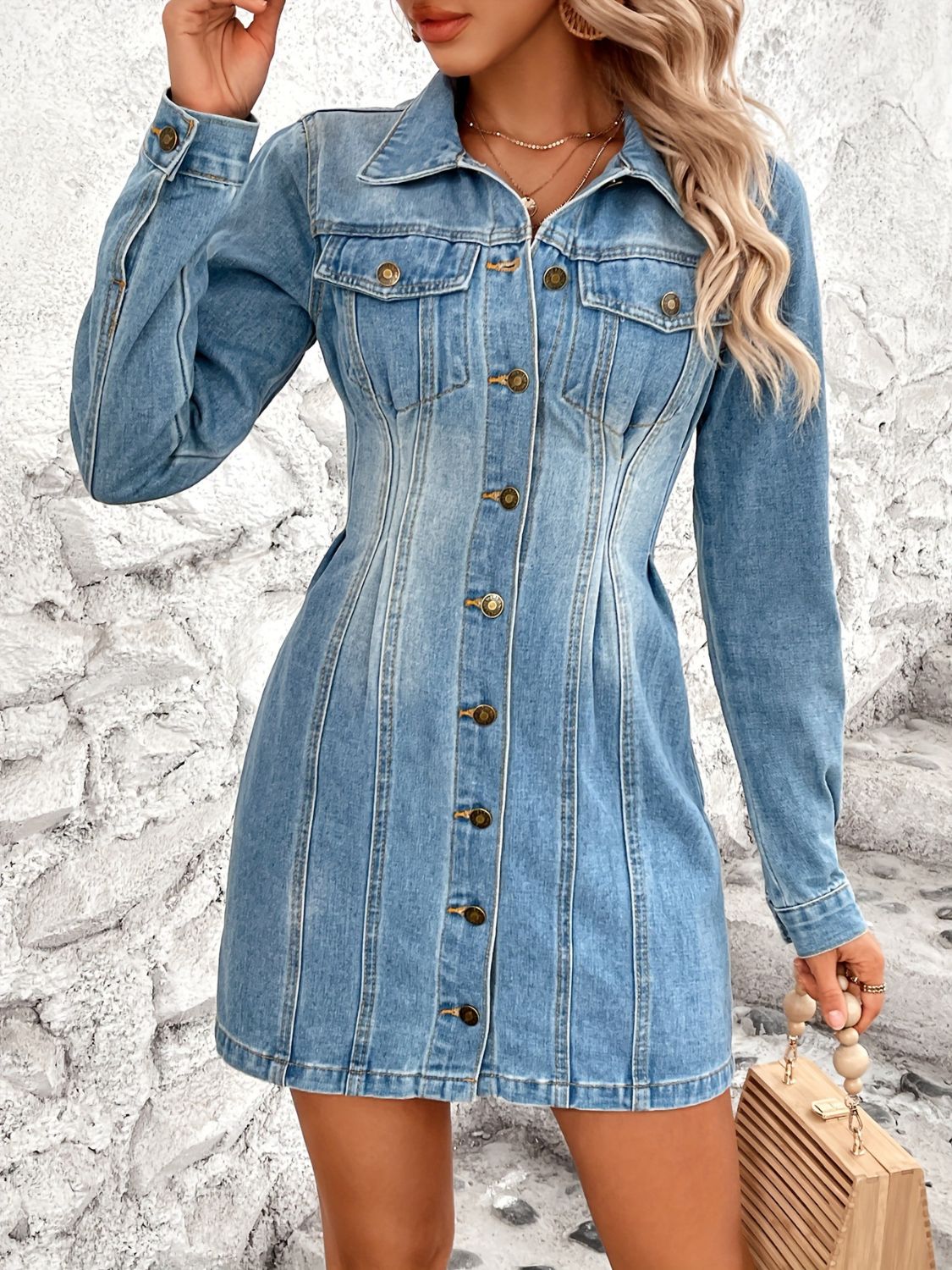 Pocketed Button Up Long Sleeve Denim Dress-TOPS / DRESSES-[Adult]-[Female]-Medium-XS-2022 Online Blue Zone Planet