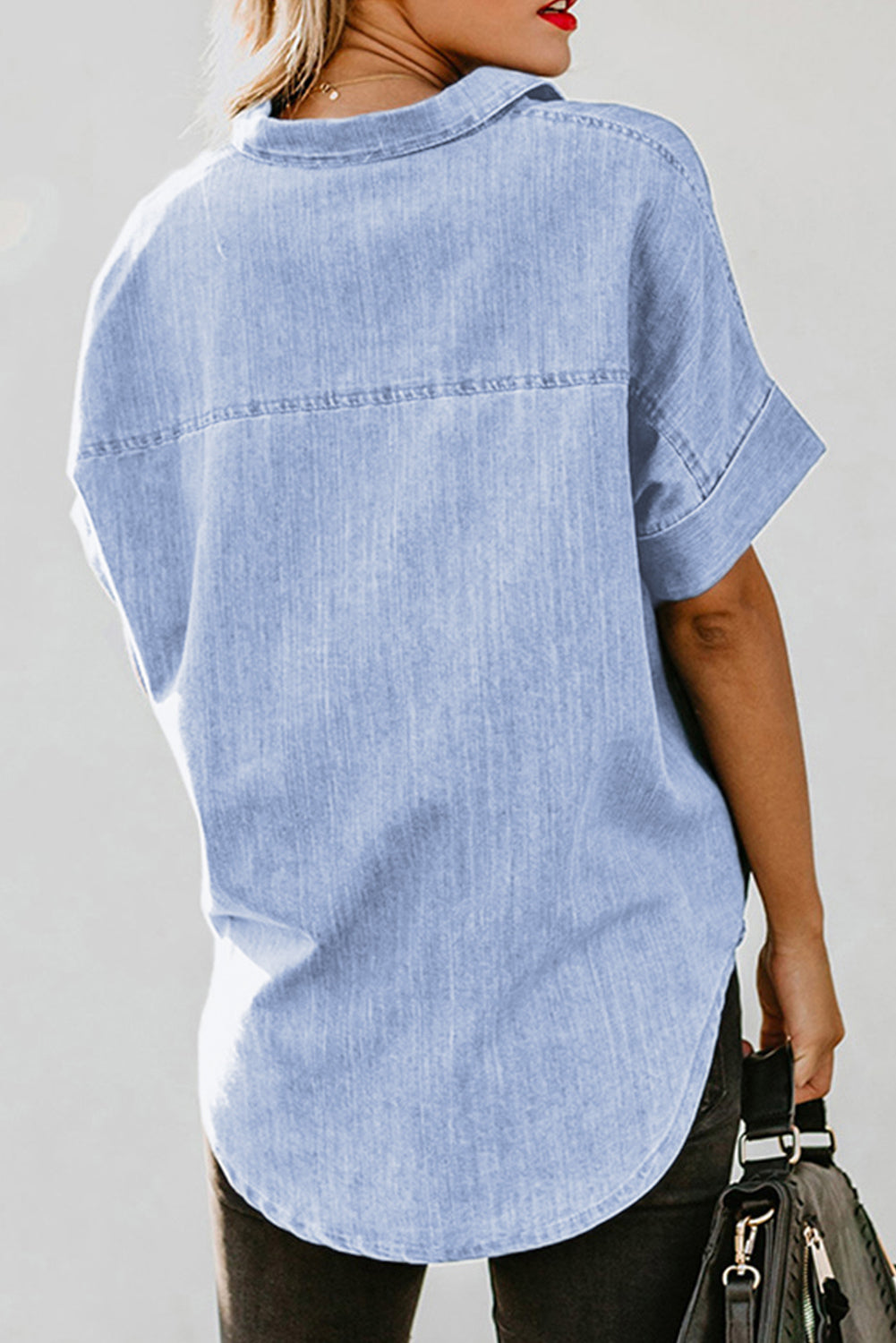 Sky Blue-3 Turn-down Collar Short Sleeve Denim Shirt-Tops/Blouses & Shirts-[Adult]-[Female]-2022 Online Blue Zone Planet