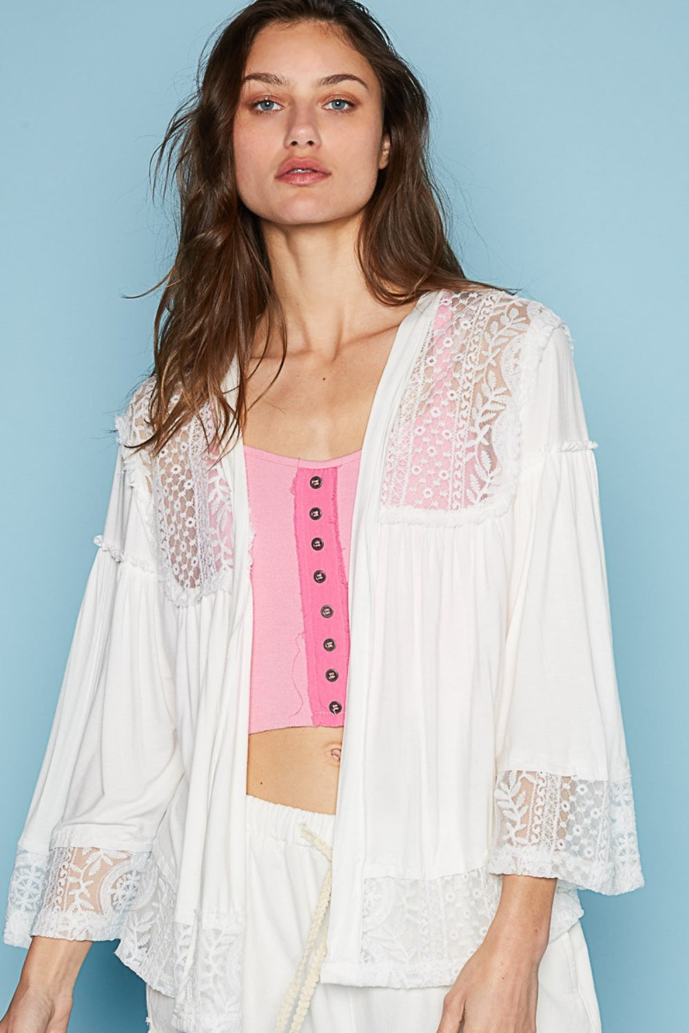 POL Open Front Lace Detail Cardigan-TOPS / DRESSES-[Adult]-[Female]-Ivory-S-2022 Online Blue Zone Planet