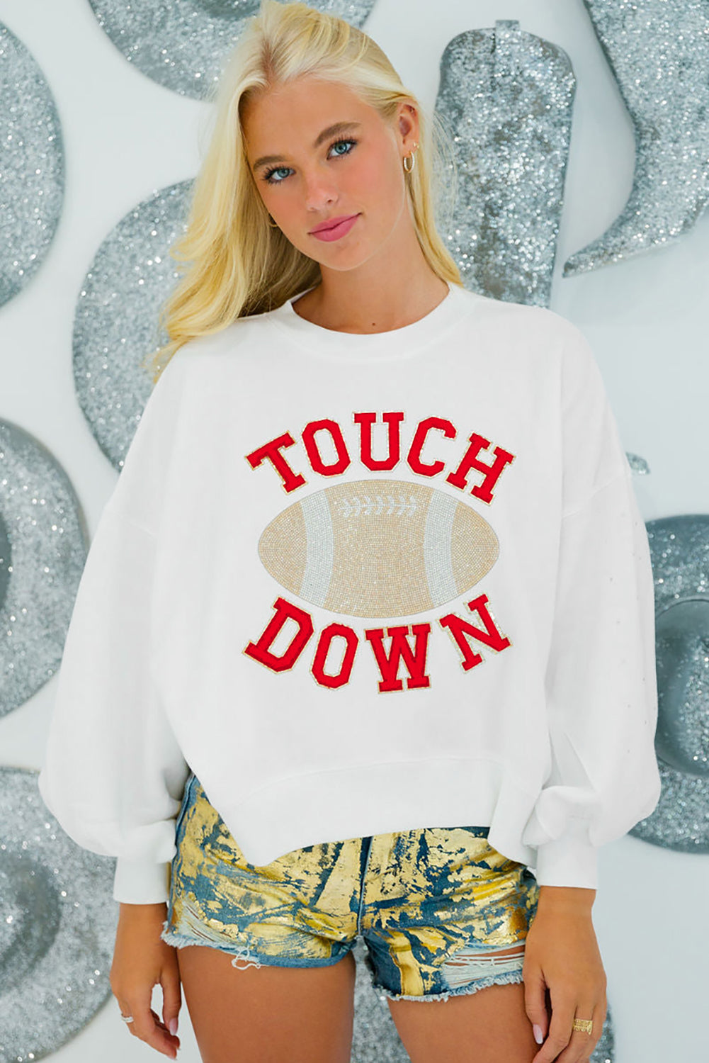 Fiery Red TOUCH DOWN Football Graphic Pullover Sweatshirt-Tops/Sweatshirts & Hoodies-[Adult]-[Female]-2022 Online Blue Zone Planet