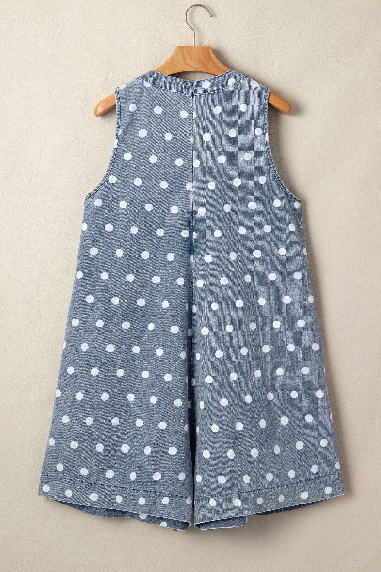 Sky Blue Polka Dot Print Tie V Neck Pleated Loose Denim Romper-Bottoms/Jumpsuits & Rompers-[Adult]-[Female]-2022 Online Blue Zone Planet