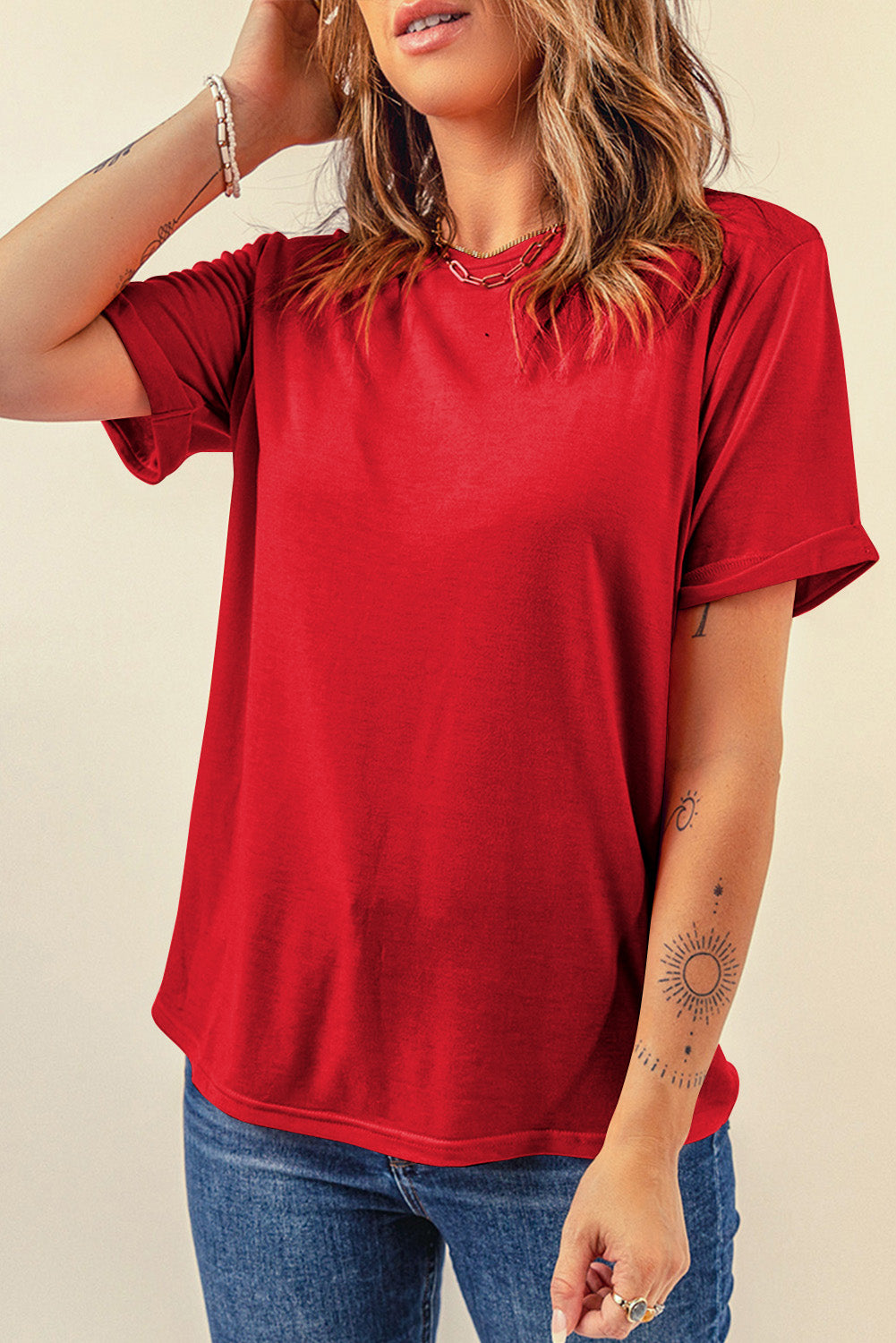 Bright Green Casual Plain Crew Neck Tee-Tops/Tops & Tees-[Adult]-[Female]-Red-2-S-2022 Online Blue Zone Planet