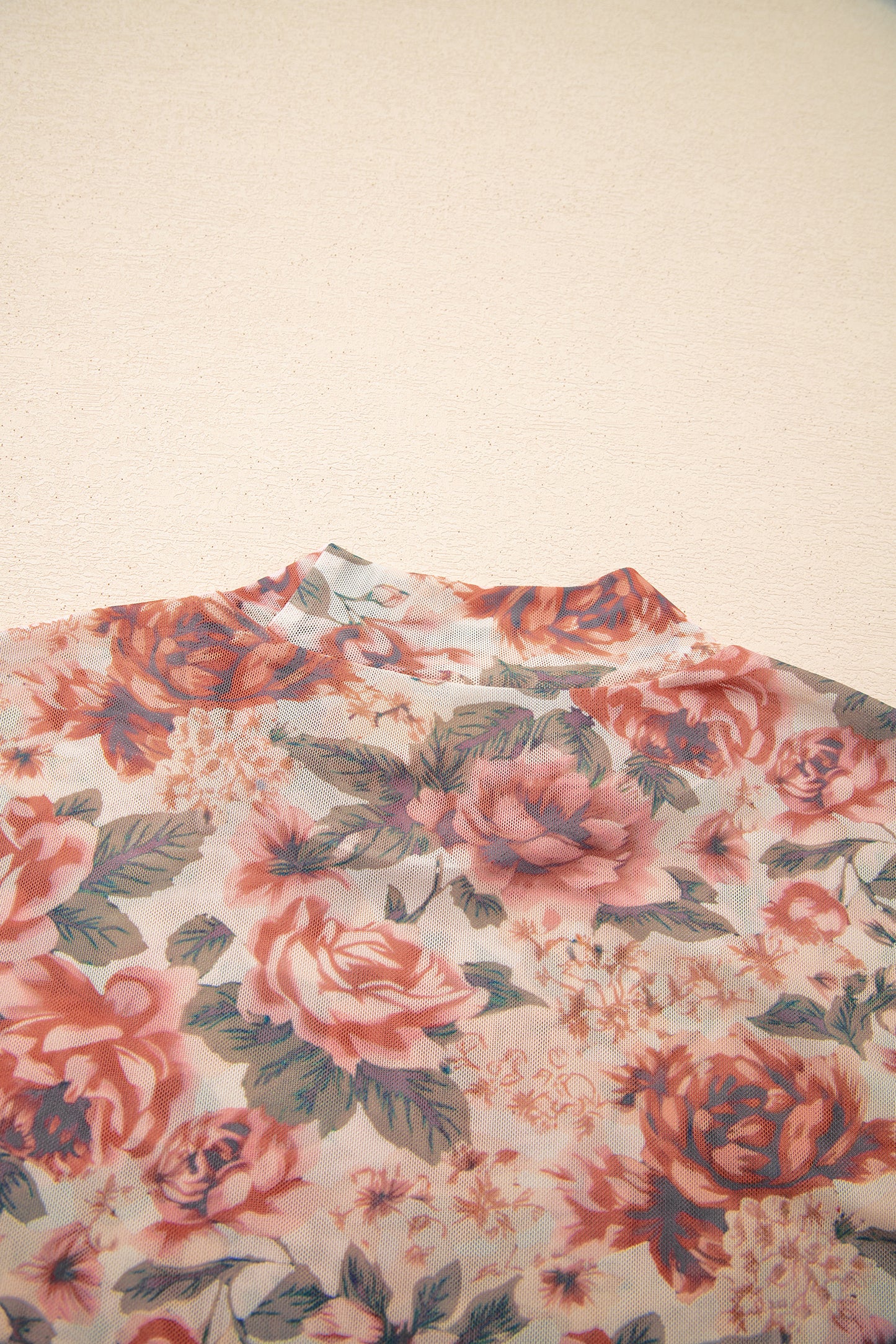 White Retro Floral Print Mock Neck Mesh Long Sleeve Top-Tops/Long Sleeve Tops-[Adult]-[Female]-2022 Online Blue Zone Planet