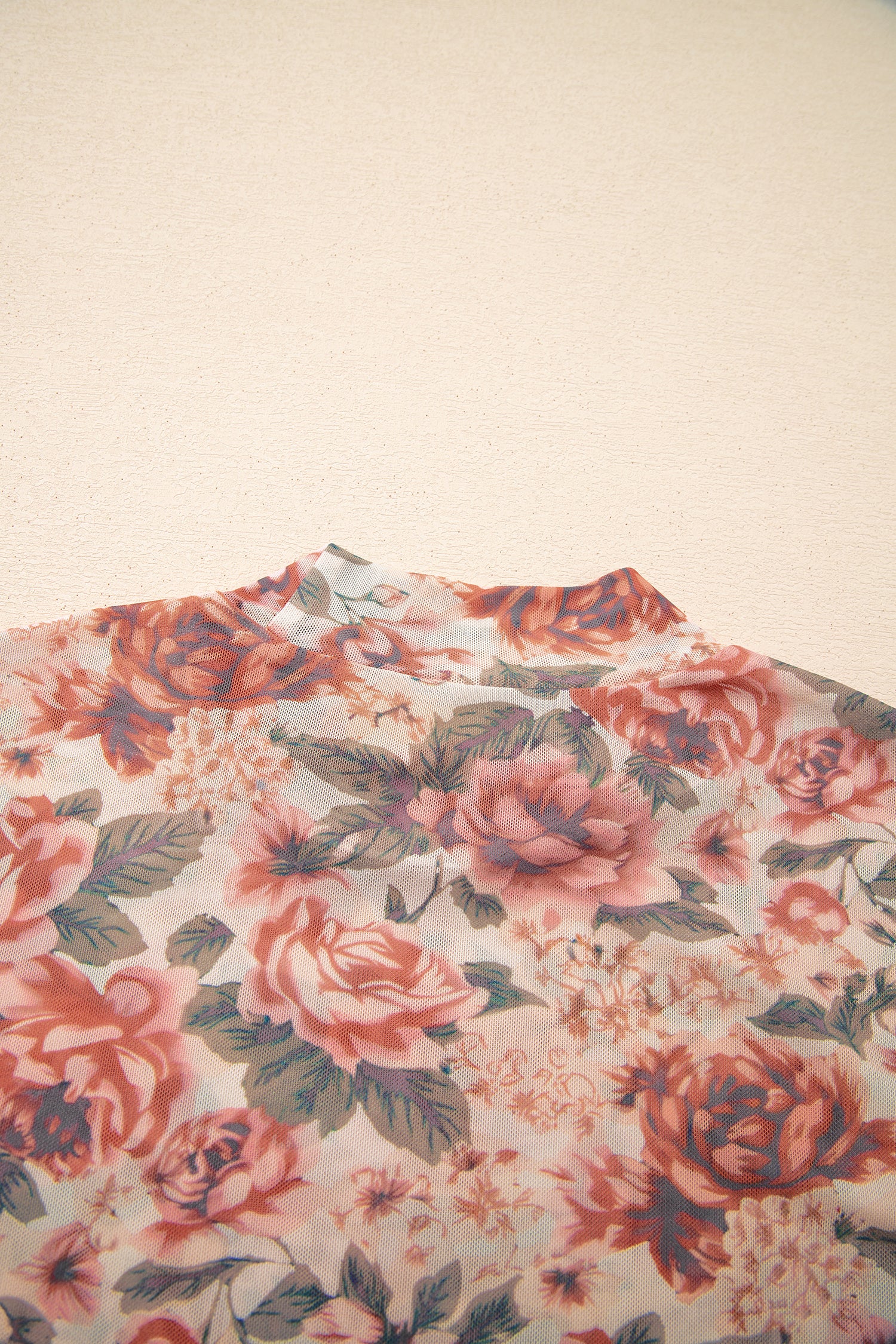 White Retro Floral Print Mock Neck Mesh Long Sleeve Top-Tops/Long Sleeve Tops-[Adult]-[Female]-2022 Online Blue Zone Planet