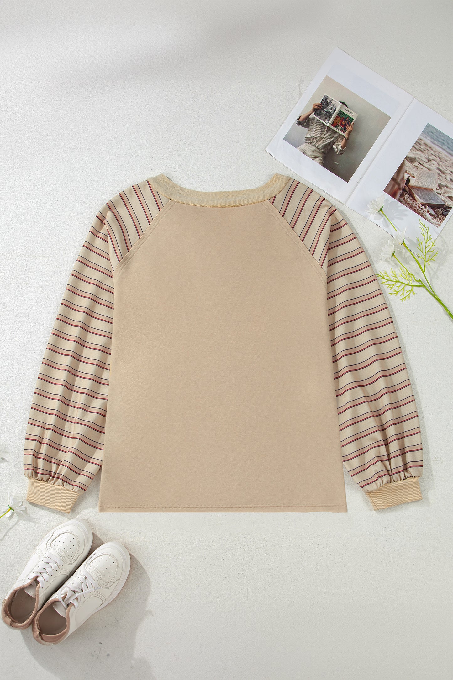 Parchment Striped Raglan Sleeve Notched Neck Raw Edge Plus Size Jumper-Plus Size/Plus Size Tops/Plus Size Long Sleeve Tops-[Adult]-[Female]-2022 Online Blue Zone Planet