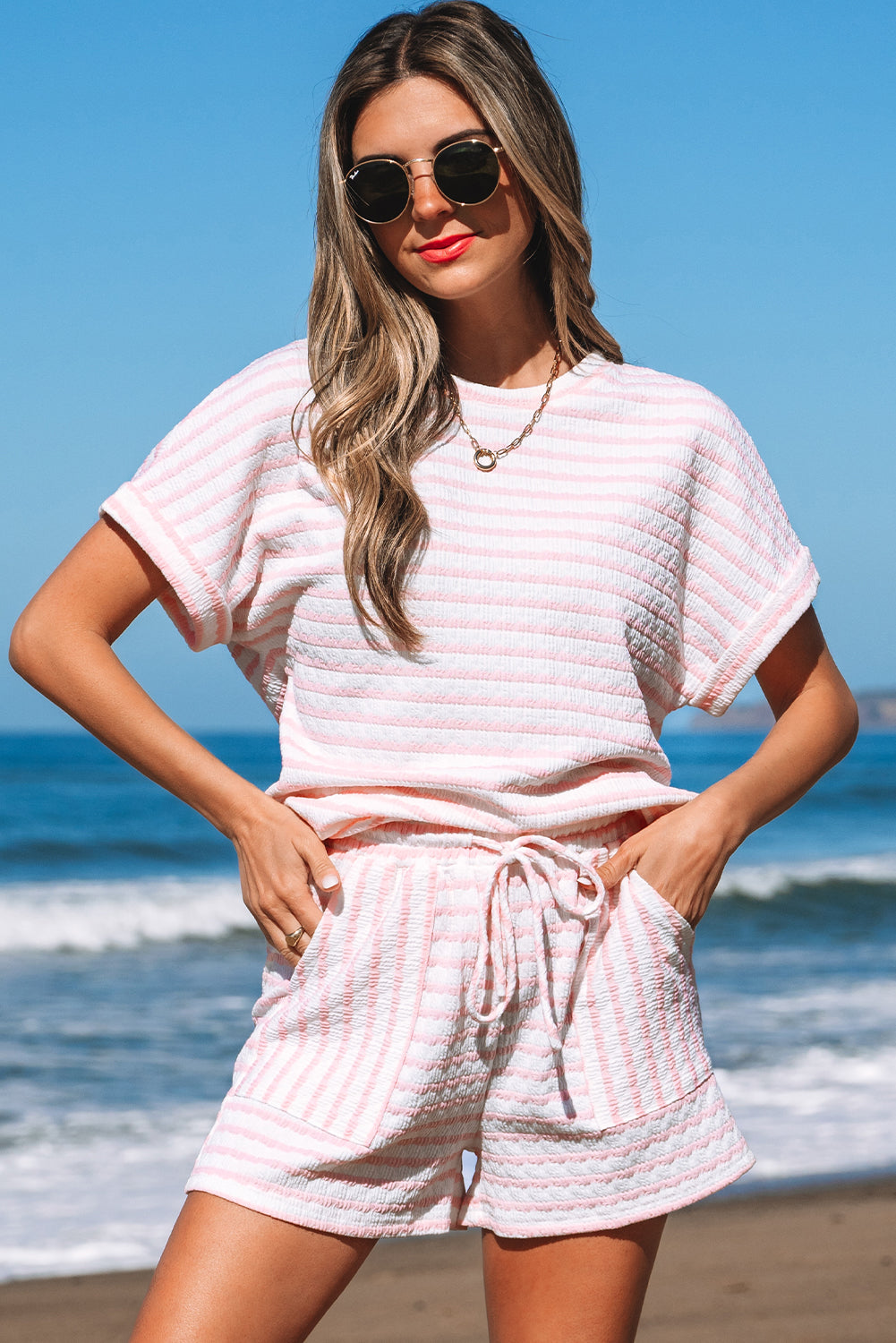 Pink Stripe Knitted Short Sleeve Top and Drawstring Shorts Set-Two Piece Sets/Short Sets-[Adult]-[Female]-2022 Online Blue Zone Planet