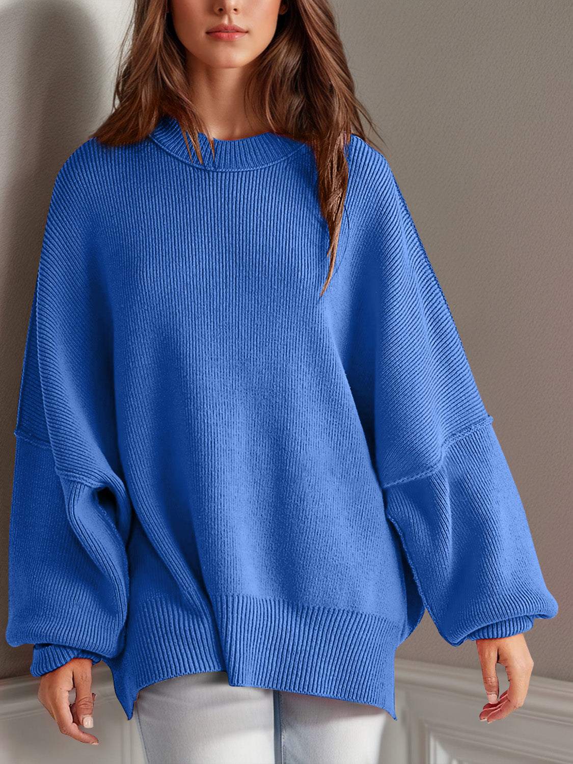 Blue Zone Planet | Double Take Side Slit Round Neck Long Sleeve Sweater-TOPS / DRESSES-[Adult]-[Female]-Royal Blue-S-2022 Online Blue Zone Planet