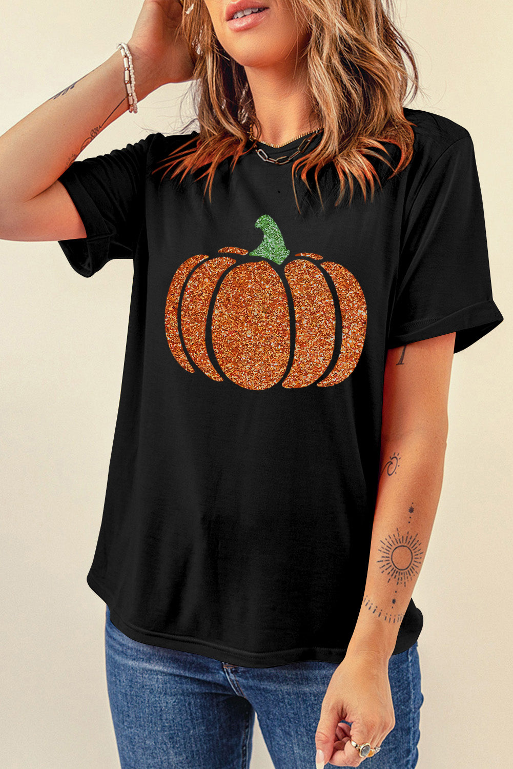 Blue Zone Planet | Glitter Pumpkin Round Neck Short Sleeve T-Shirt-TOPS / DRESSES-[Adult]-[Female]-2022 Online Blue Zone Planet