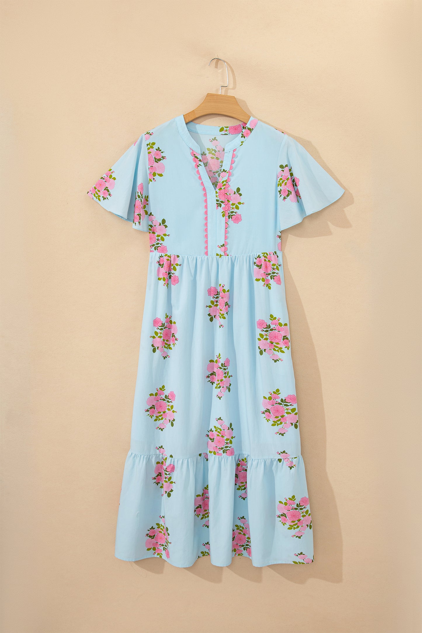 Sky Blue Notched Neck Flutter Short Sleeve Floral Print Maxi Dress-TOPS / DRESSES-[Adult]-[Female]-2022 Online Blue Zone Planet