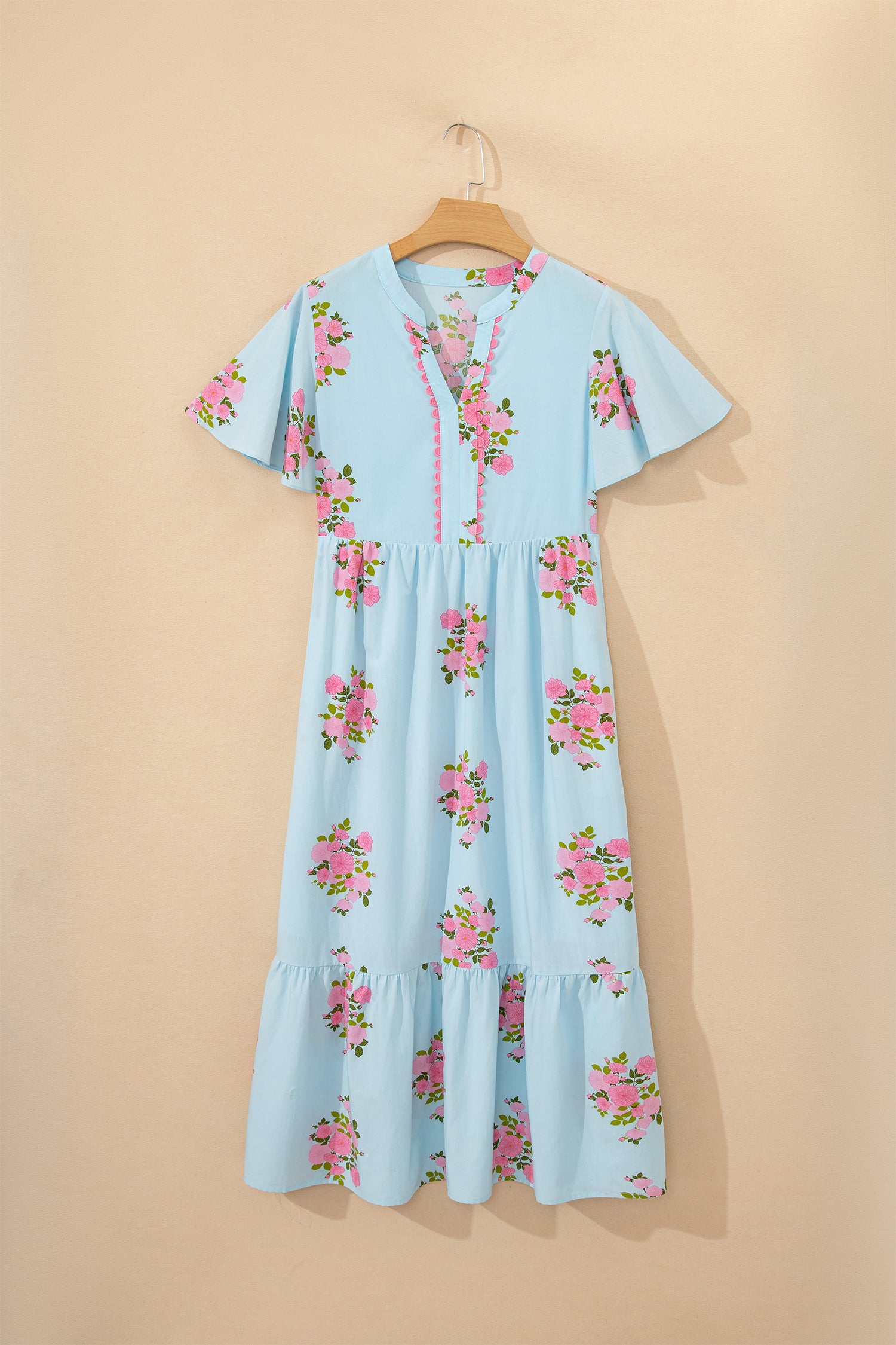 Sky Blue Notched Neck Flutter Short Sleeve Floral Print Maxi Dress-TOPS / DRESSES-[Adult]-[Female]-2022 Online Blue Zone Planet