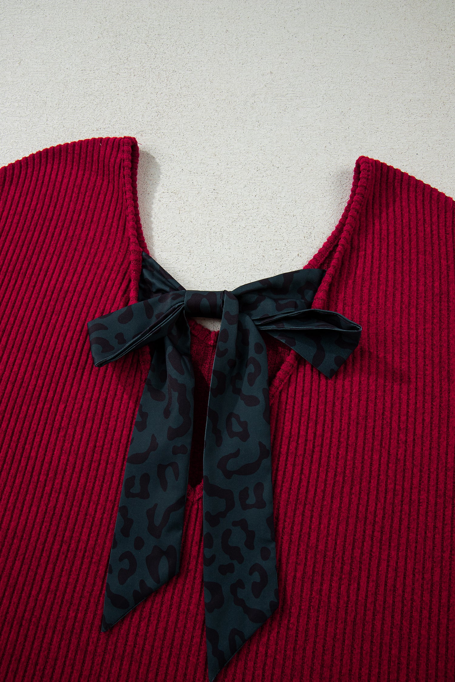 Racing Red Ribbed V Neck Contrast Ribbon Bow Back Drop Shoulder Long Sleeve Top-Tops/Blouses & Shirts-[Adult]-[Female]-2022 Online Blue Zone Planet