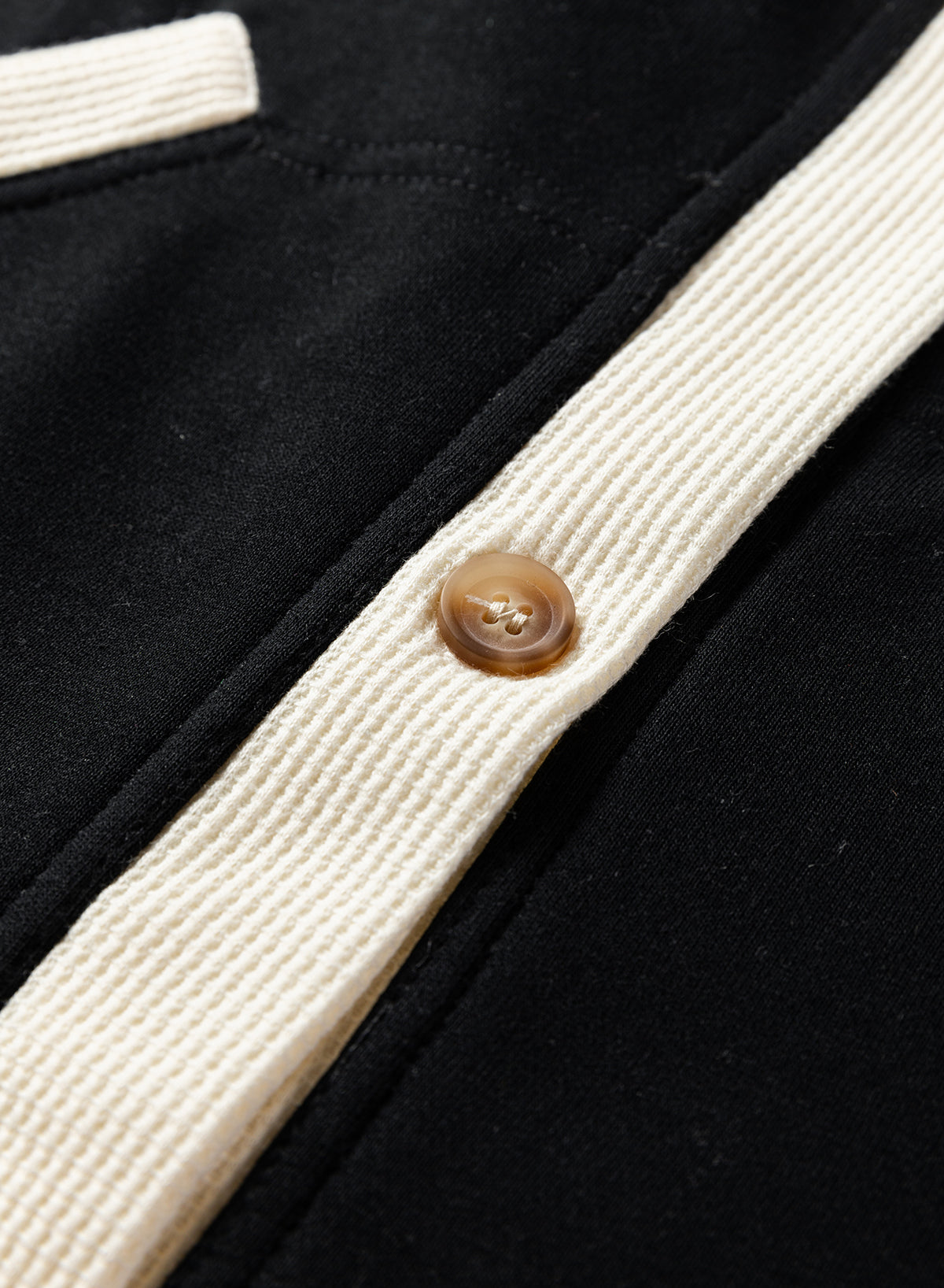 Black Waffle Contrast Knit Color Block Patchwork Button Front Oversize Hoodie-Tops / Dresses-[Adult]-[Female]-2022 Online Blue Zone Planet