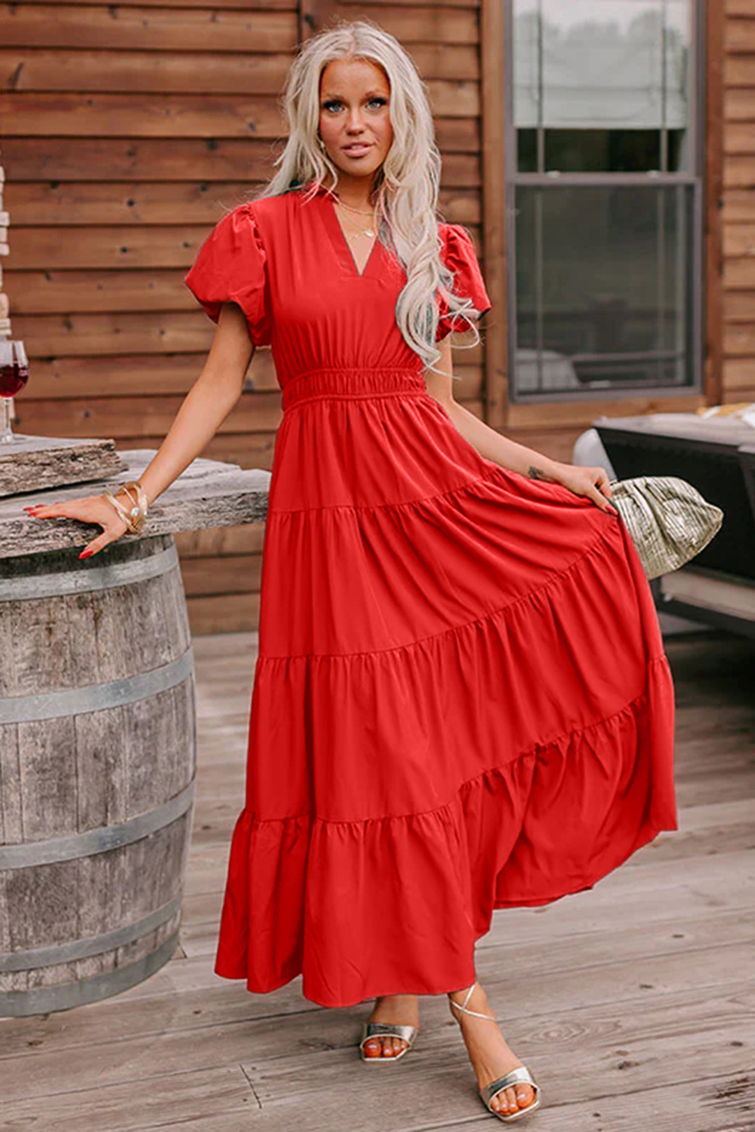 Coral Solid Color V Neck Short Puff Sleeve High Waist Tiered Maxi Dress Coral / L / 100%Polyester by Blue Zone Planet
