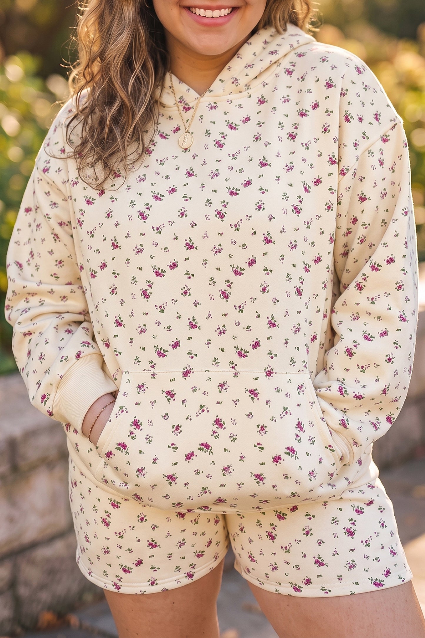 Beige Floral Print Hooded Long Sleeve Plus Size Set-Tops / Dresses-[Adult]-[Female]-Beige-1X-2022 Online Blue Zone Planet