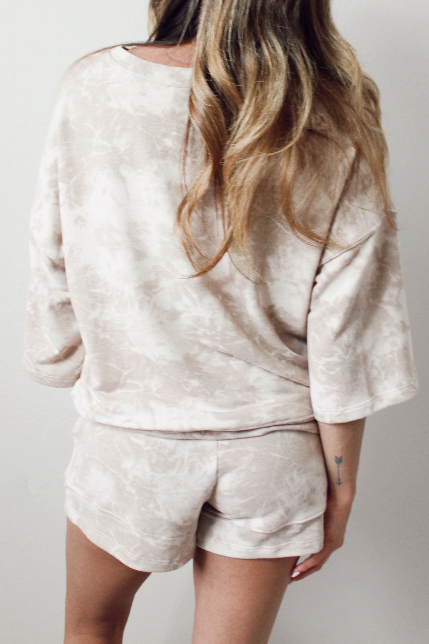 Beige Vintage Tie Dye Bracelet Sleeve Drawstring Elastic Waist 2pcs Short Set-Two Piece Sets/Short Sets-[Adult]-[Female]-2022 Online Blue Zone Planet