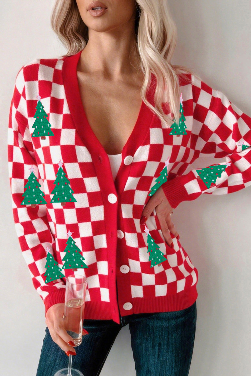 Pink Checkered Christmas Tree Pattern Button V Neck Cardigan Sweater-Sweaters & Cardigans/Cardigans-[Adult]-[Female]-Red-S-2022 Online Blue Zone Planet