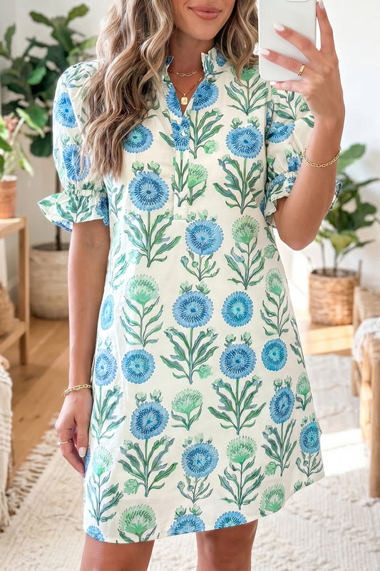 Sky Blue Floral Print Half Button Frilly Short Sleeve Dress-Dresses/Floral Dresses-[Adult]-[Female]-Sky Blue-S-2022 Online Blue Zone Planet