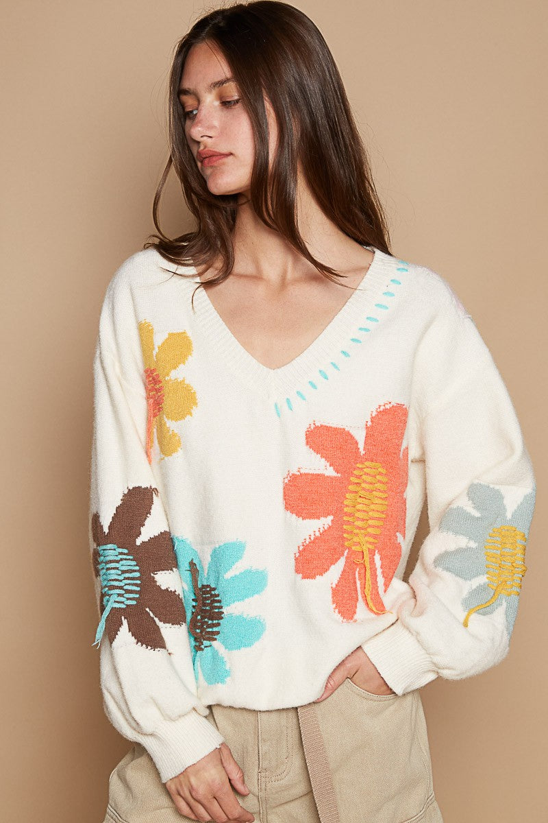 POL V-Neck Long Sleeve Flower Fringe Sweater-TOPS / DRESSES-[Adult]-[Female]-Ivory-S-2022 Online Blue Zone Planet