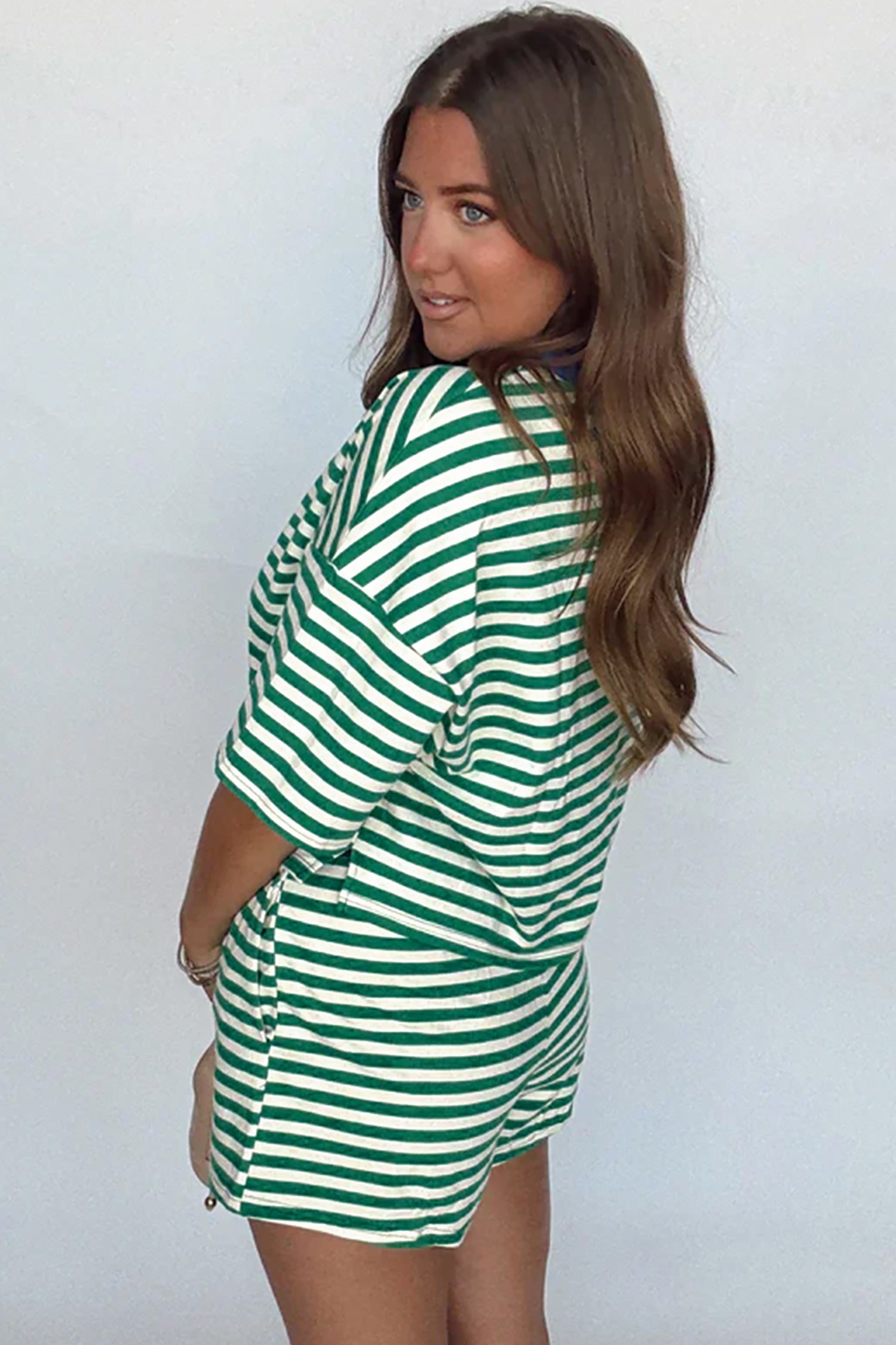 Green Stripe Drop Shoulder Boxy Casual Terry Short Set-Two Piece Sets/Short Sets-[Adult]-[Female]-2022 Online Blue Zone Planet