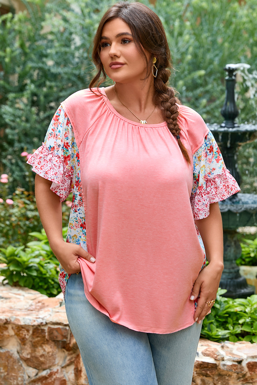 Pink Plus Size Floral Patchwork Ruffled Short Sleeve Blouse-Plus Size/Plus Size Tops/Plus Size Blouses & Shirts-[Adult]-[Female]-2022 Online Blue Zone Planet