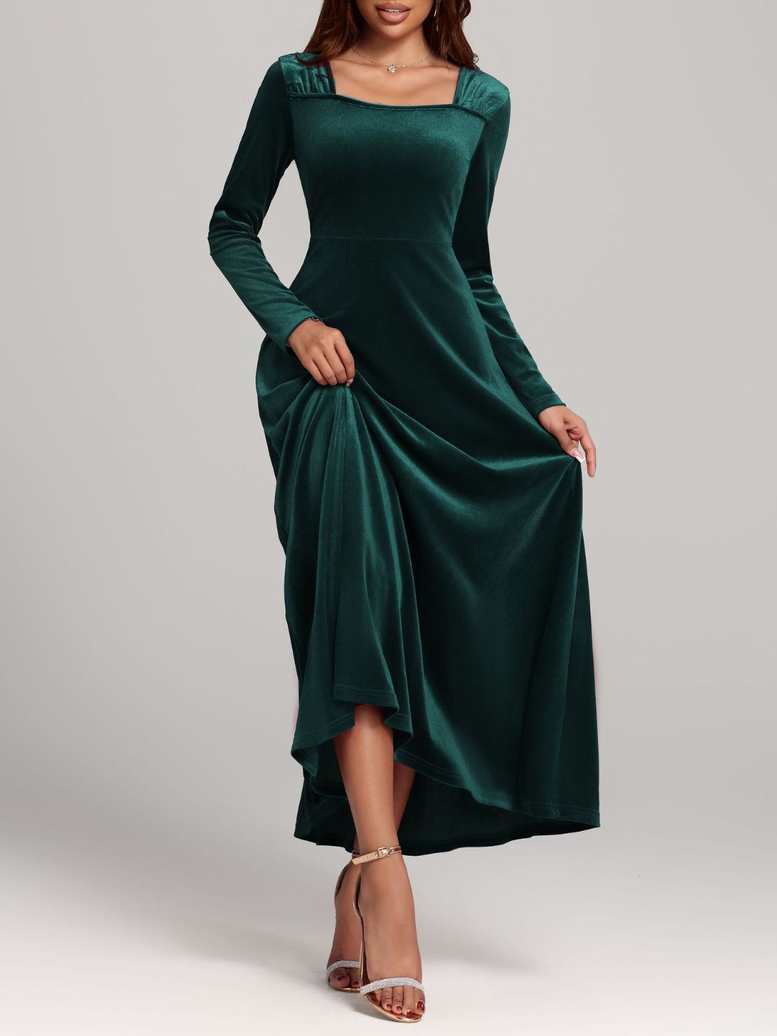 Blue Zone Planet | Square Neck Long Sleeve Velvet Dress-TOPS / DRESSES-[Adult]-[Female]-Dark Green-S-2022 Online Blue Zone Planet