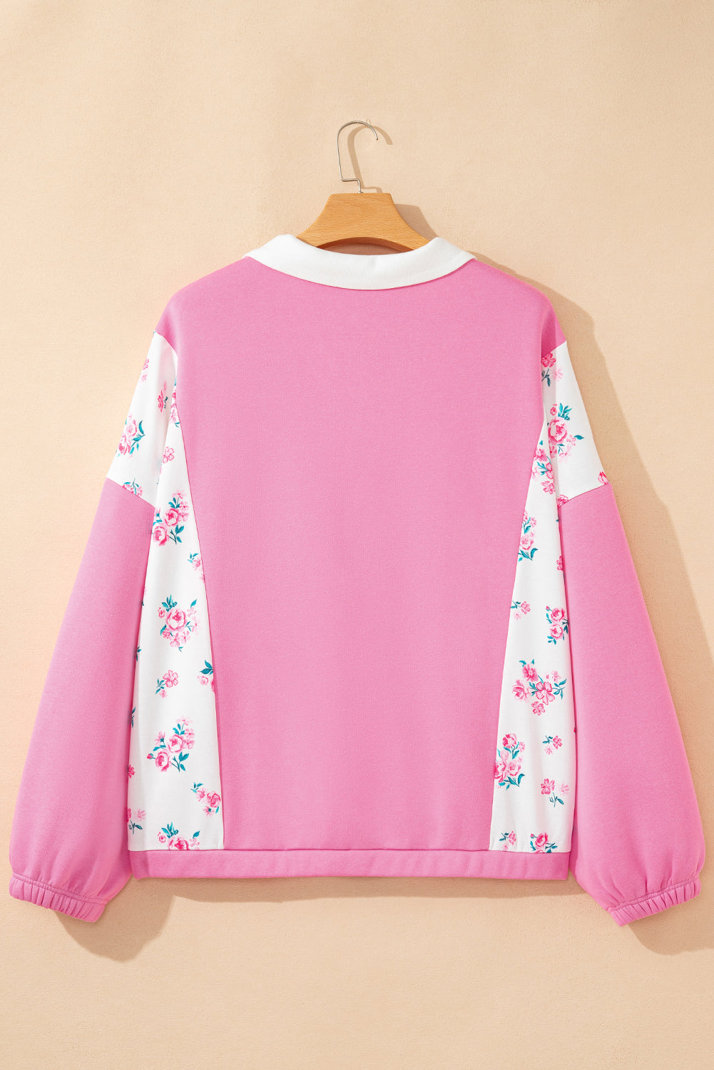 Pink Plus Size Contrast Polo Collar Floral Patchwork Elastic Cuffs Long Sleeve Top-Plus Size/Plus Size Tops/Plus Size Long Sleeve Tops-[Adult]-[Female]-2022 Online Blue Zone Planet
