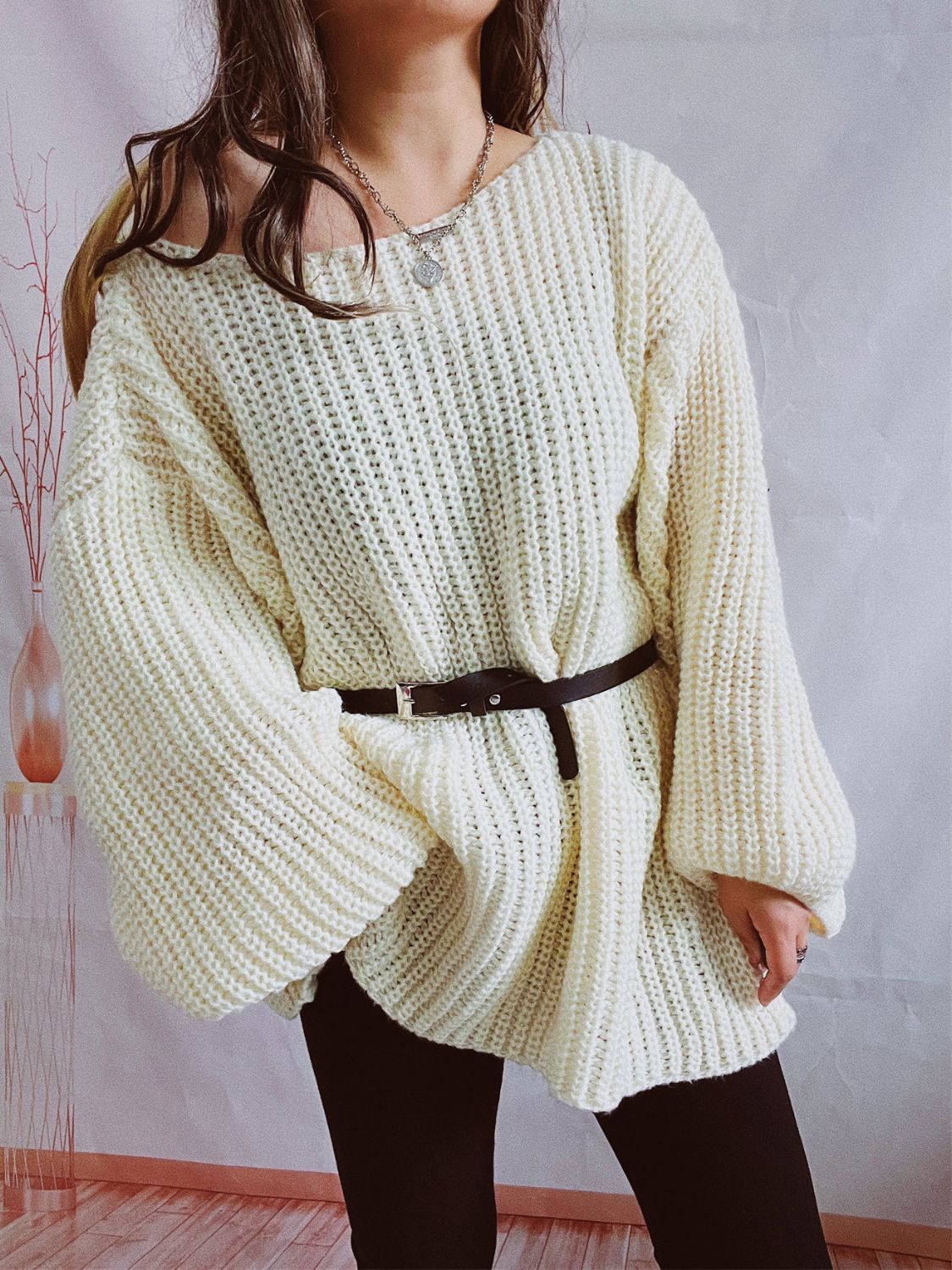 Boat Neck Long Sleeve Sweater with Belt-TOPS / DRESSES-[Adult]-[Female]-2022 Online Blue Zone Planet