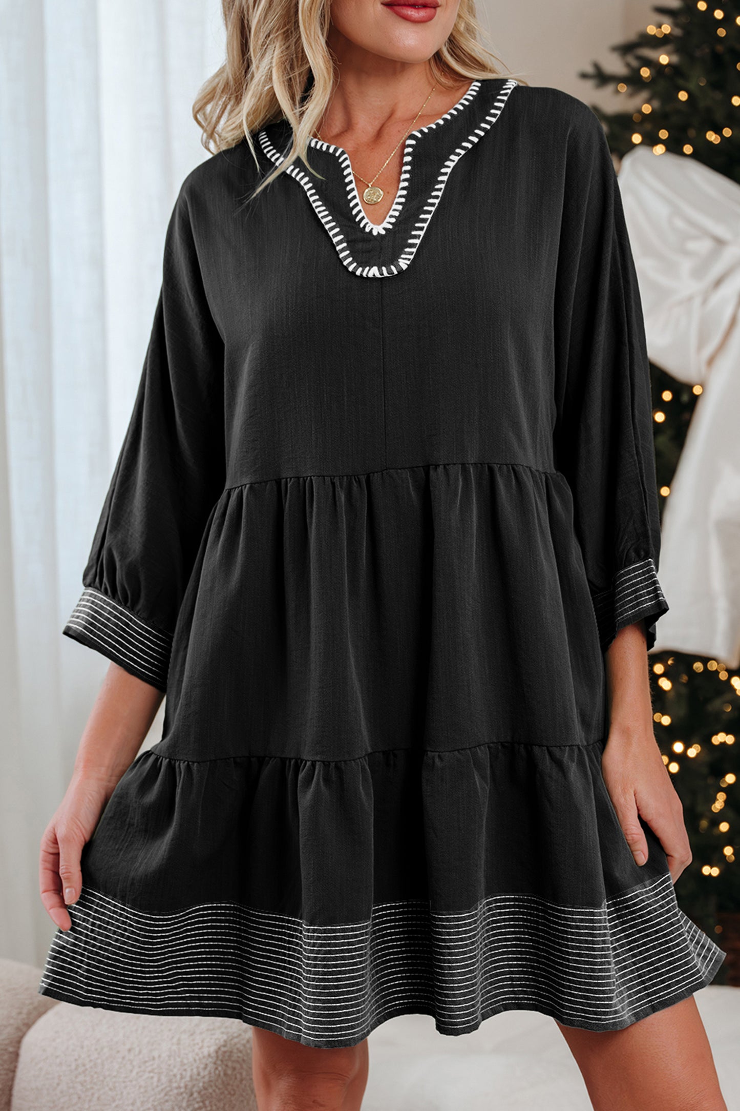 Black Contrast Stitched V Neck 3/4 Sleeve Tiered Mini Dress-Dresses/Mini Dresses-[Adult]-[Female]-2022 Online Blue Zone Planet