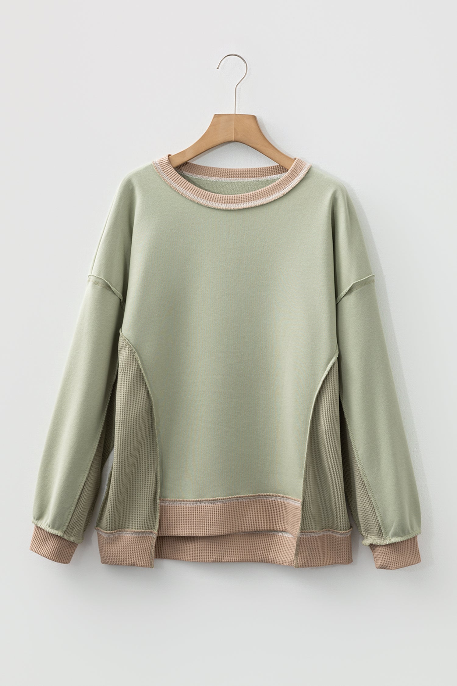 Smoke Green Color Block Mix Texture Waffle Patchwork Oversize Sweatshirt-Tops/Sweatshirts & Hoodies-[Adult]-[Female]-2022 Online Blue Zone Planet
