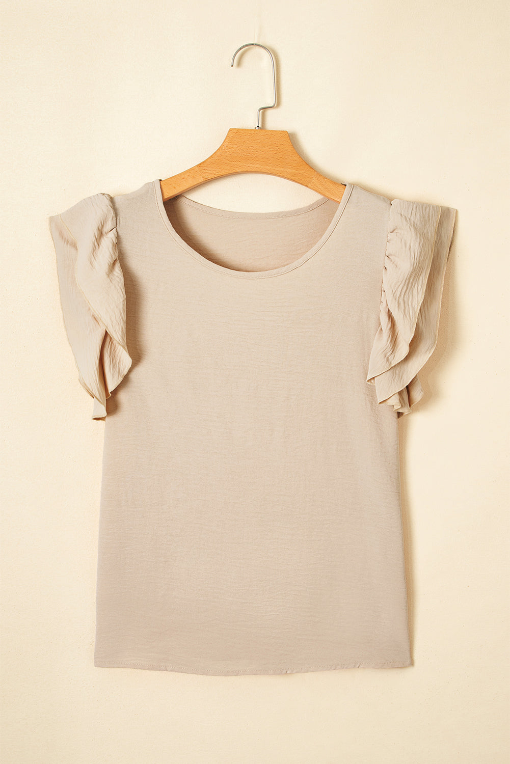 Beige Solid Color Ruffled Short Sleeve Casual Blouse-Tops/Blouses & Shirts-[Adult]-[Female]-2022 Online Blue Zone Planet