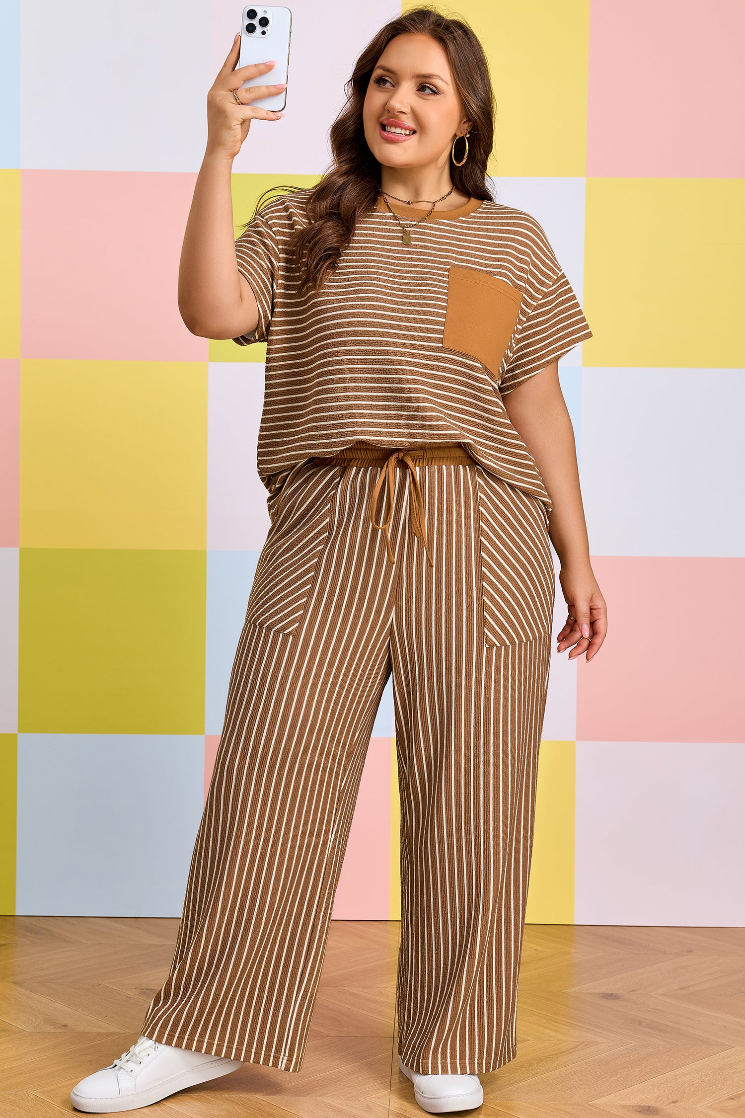 Khaki Stripe Plus Size Striped Colorblock Pocket Lounge Set-Plus Size/Plus Size Loungewear-[Adult]-[Female]-2022 Online Blue Zone Planet