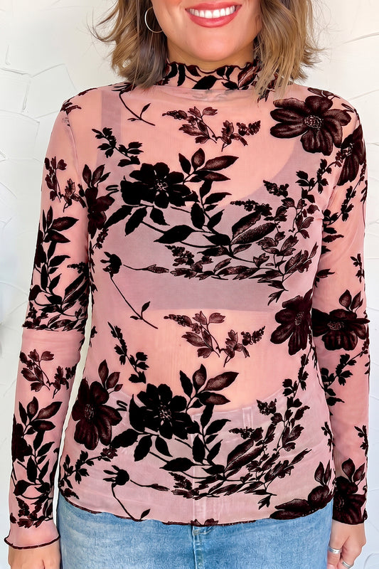 Gossamer Pink Retro Floral Print Mesh Long Sleeve Pullover Blouse-Tops/Long Sleeve Tops-[Adult]-[Female]-2022 Online Blue Zone Planet