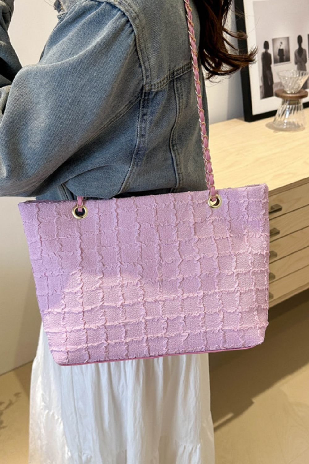 Polyester Texture Chain Tote bag-HANDBAGS-[Adult]-[Female]-2022 Online Blue Zone Planet