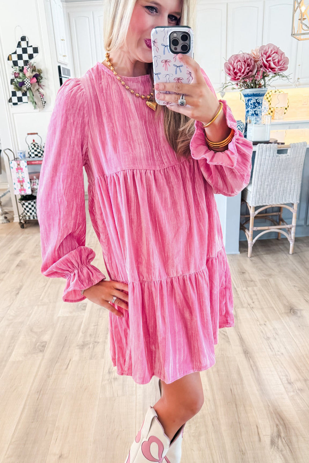 Strawberry Pink Flounce Sleeve Tiered Ruffled Velvet Mini Dress-Dresses/Mini Dresses-[Adult]-[Female]-2022 Online Blue Zone Planet