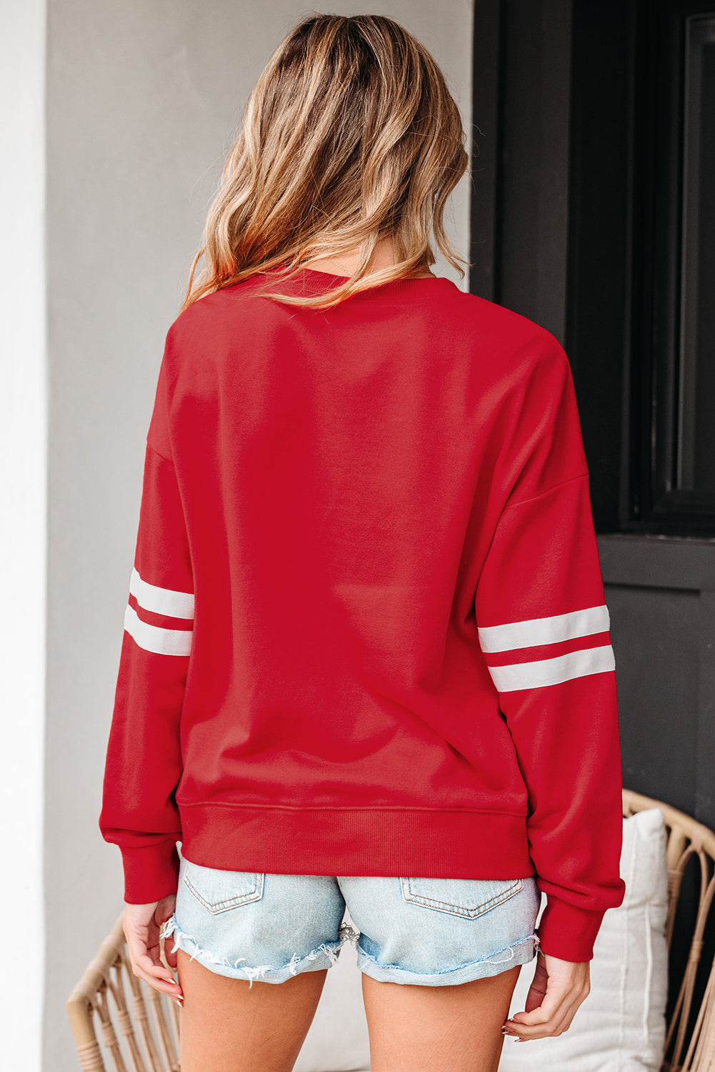 Fiery Red Varsity Striped Detail Drop Shoulder Oversized Sweatshirt-Tops/Sweatshirts & Hoodies-[Adult]-[Female]-2022 Online Blue Zone Planet