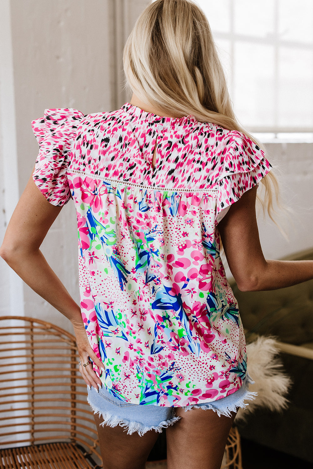 Pink Floral Mixed Print Ruffle Cap Sleeve Blouse-Tops/Blouses & Shirts-[Adult]-[Female]-2022 Online Blue Zone Planet
