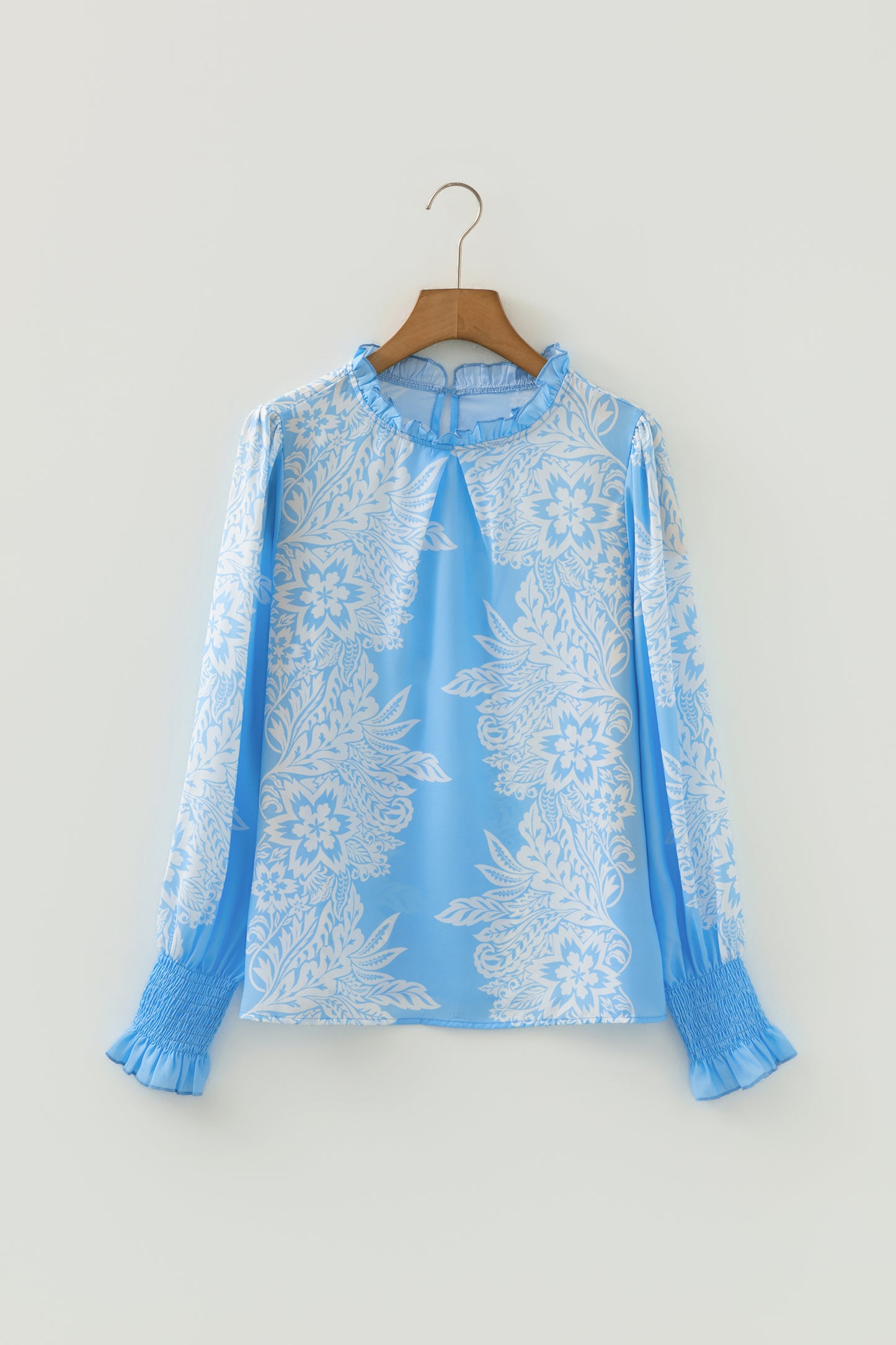 Sky Blue Ruffled Collar Puff Sleeve Flower Blouse-Tops/Blouses & Shirts-[Adult]-[Female]-2022 Online Blue Zone Planet