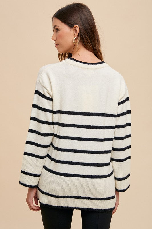 Blue Zone Planet | Annie Wear Side Slit Striped Round Neck Sweater-TOPS / DRESSES-[Adult]-[Female]-2022 Online Blue Zone Planet