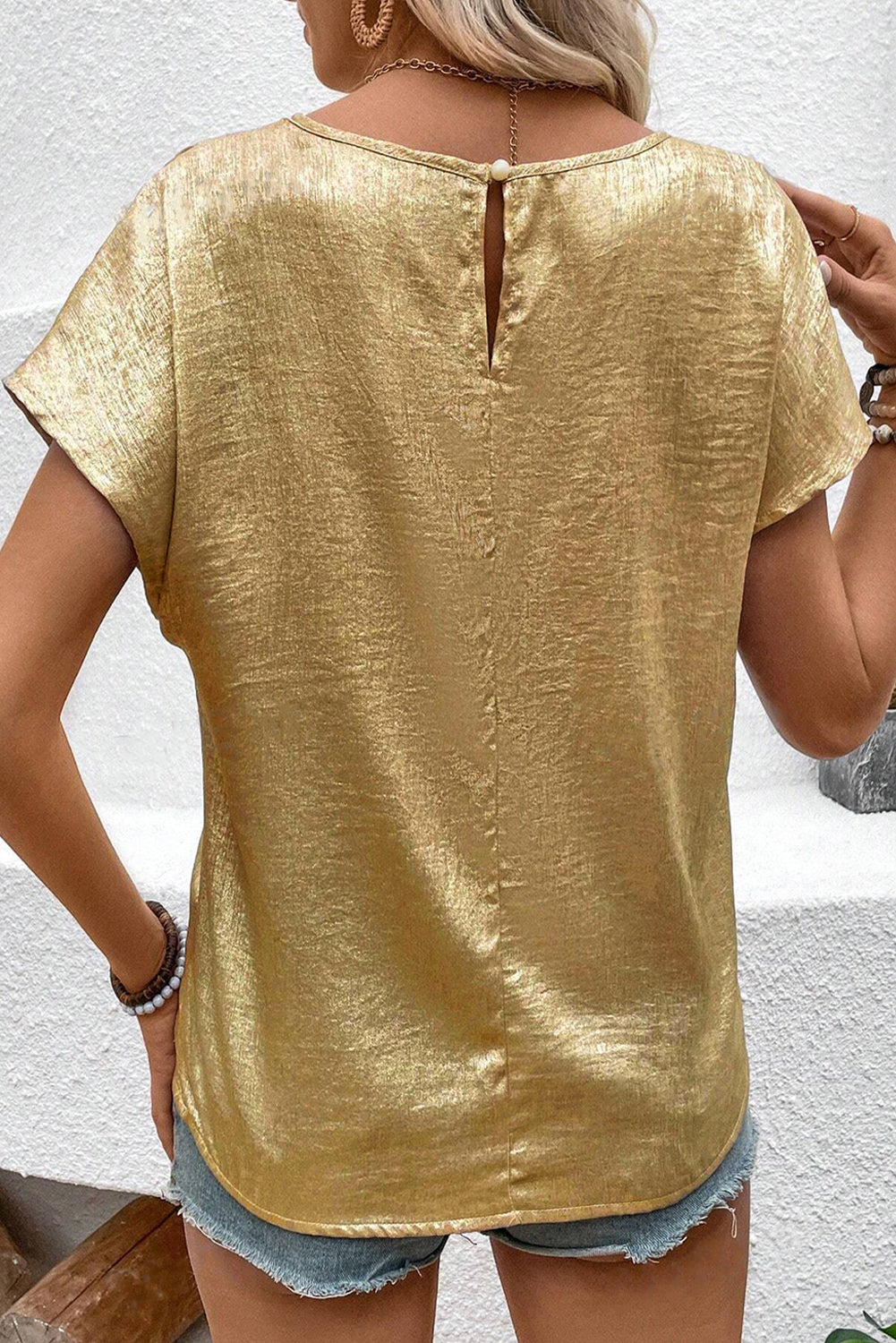 Gold Glossy Round Neck Pleated Detail Short Sleeve Blouse-Tops/Blouses & Shirts-[Adult]-[Female]-2022 Online Blue Zone Planet