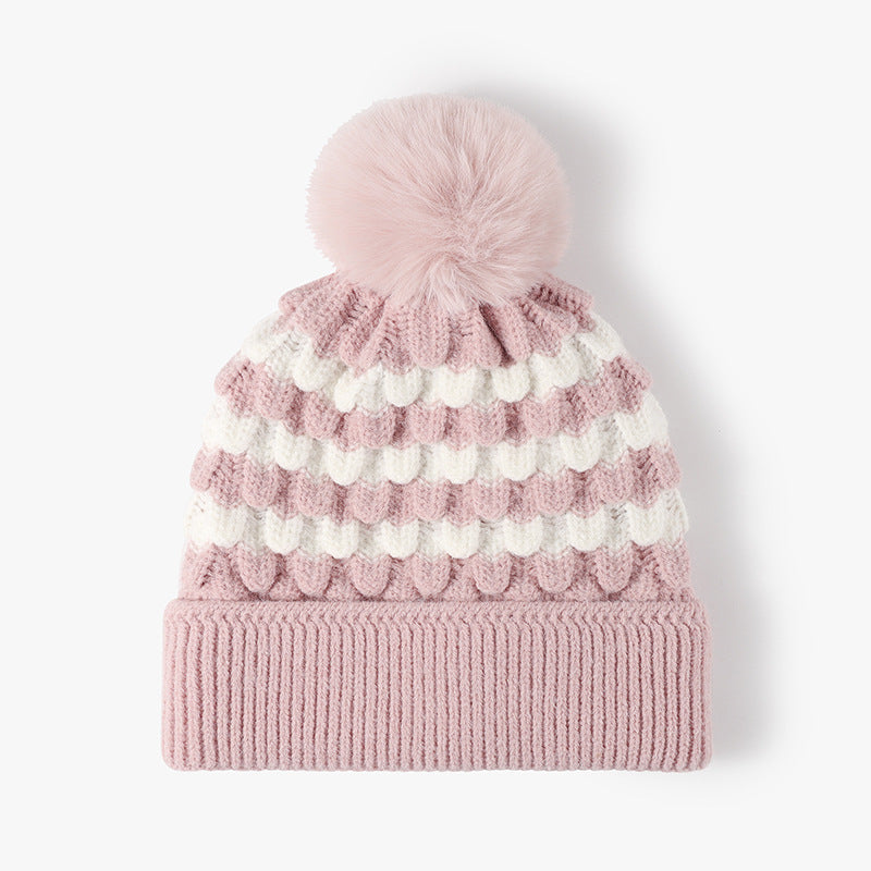 Striped Contrast Knit Hat with Pom-pom-HATS-[Adult]-[Female]-Blush Pink-One Size-2022 Online Blue Zone Planet