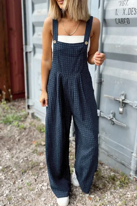 Blue Zone Planet | Plaid Wide Strap Wide Leg Overalls-TOPS / DRESSES-[Adult]-[Female]-Dark Blue-S-2022 Online Blue Zone Planet