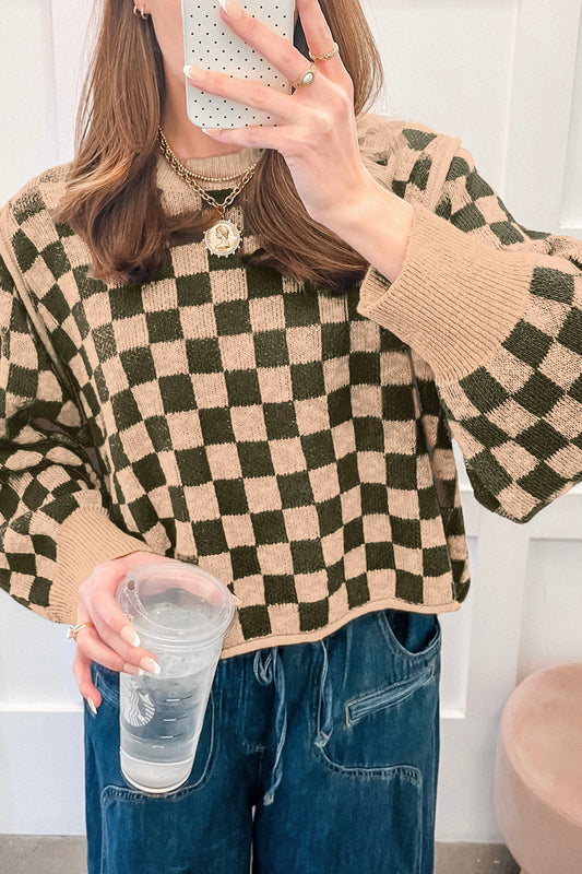 Multicolour Drop Shoulder Plaid Knit Long Sleeve Sweater-Sweaters & Cardigans/Sweaters-[Adult]-[Female]-2022 Online Blue Zone Planet